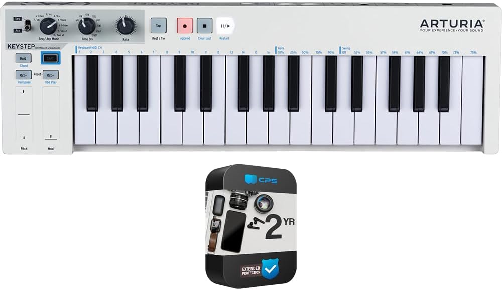 Arturia 430201 KeyStep 32-Key MIDI Controller and Sequencer Keyboard White Bundle with 2 YR CPS Enhanced Protection Pack