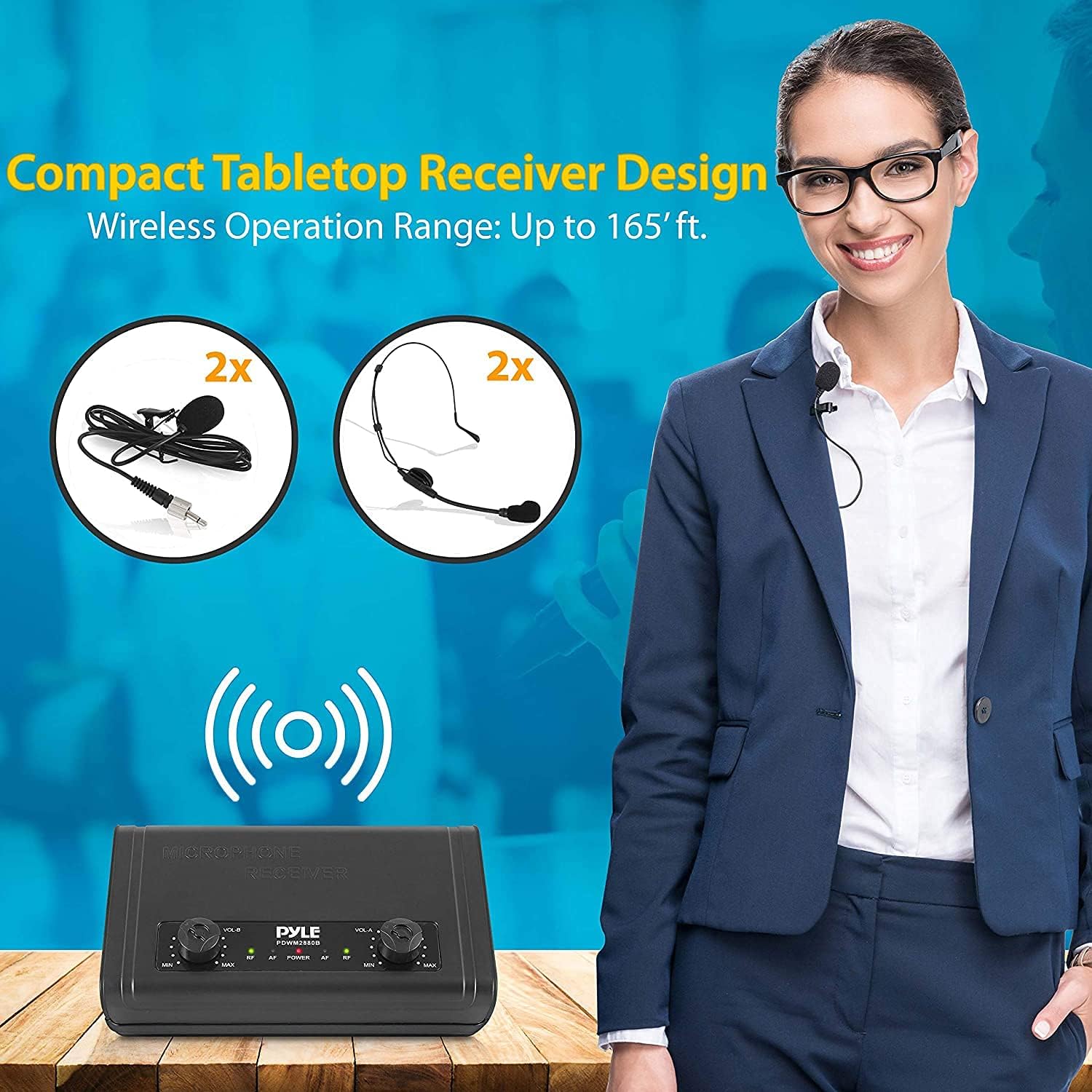 Compact UHF Wireless Microphone System - Pro Portable Dual Channel Desktop Digital Mic Receiver Set w/ 2 Belt-Pack Transmitter, Receiver, 2 Headset Lavalier Mics, Battery, For Home PA - Pyle