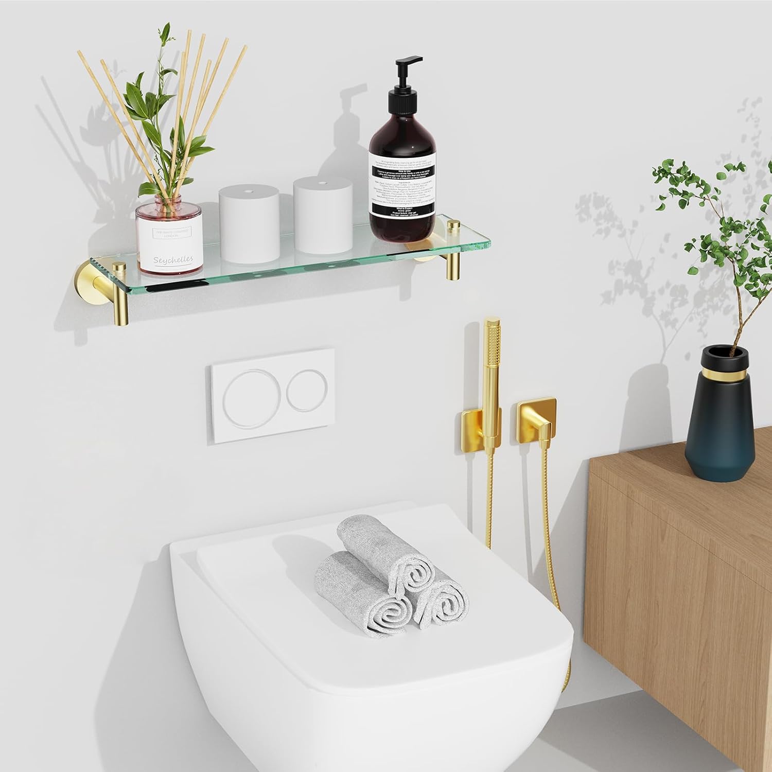 Glass Shelves for Bathroom 2 Pack,20-Inch Brushed Gold Towel Bar Glass Bathroom Shelves(Brushed Gold)