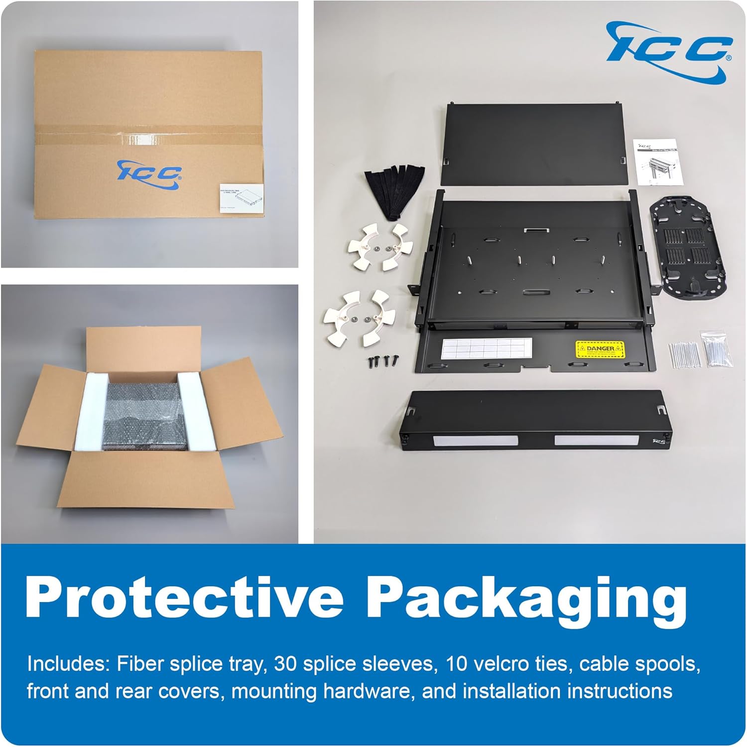 ICC 1U Fiber Optic Rack Mount Enclosure - 3 Slots for LGX Compatible Adapter Panels or Cassettes, Supports up to 72 Fibers, Fits 19-Inch Racks, Secure Fiber Management Solution, ICFORE31RM