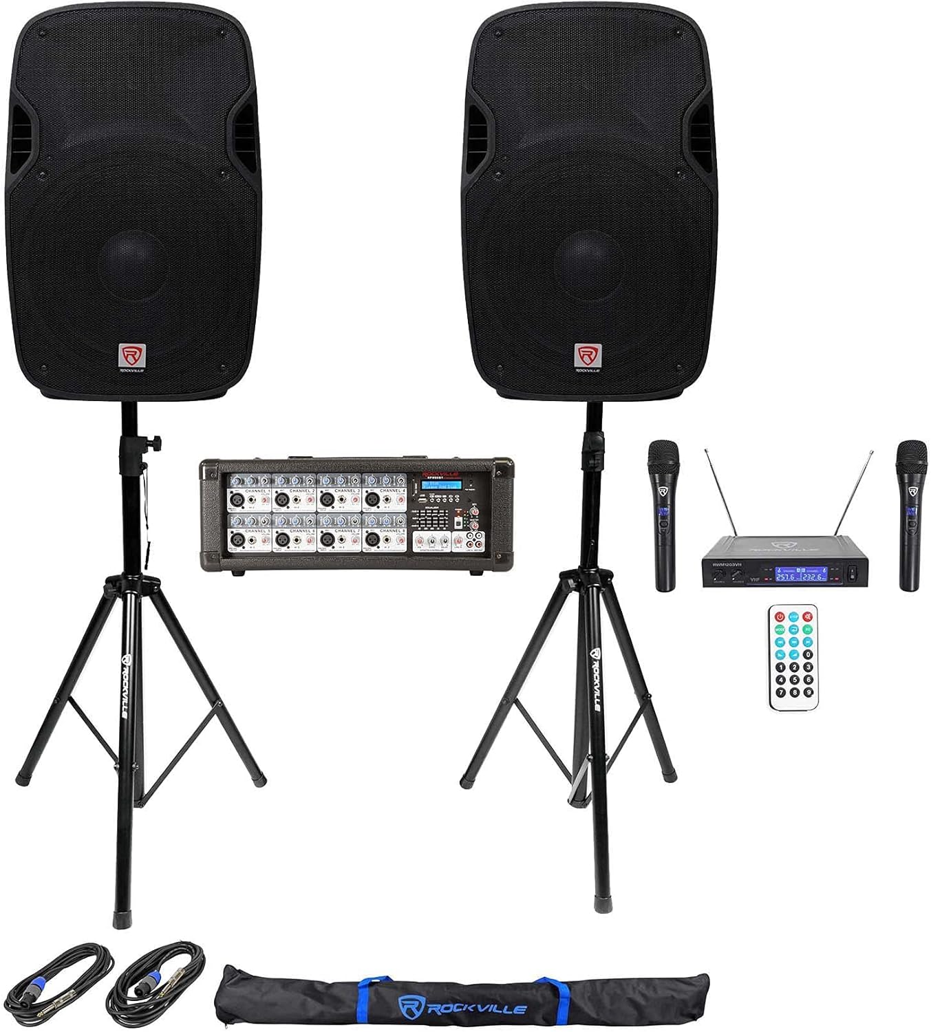 Rockville SPGN158 Karaoke Bundle: (2) 15-in Passive 1600-Watt Speakers, RPM80BT 2400W 8-Channel Powered Mixer with Bluetooth, RWM1203VH Dual Wireless Mics, Tripod Stands + Cables, 8-Items