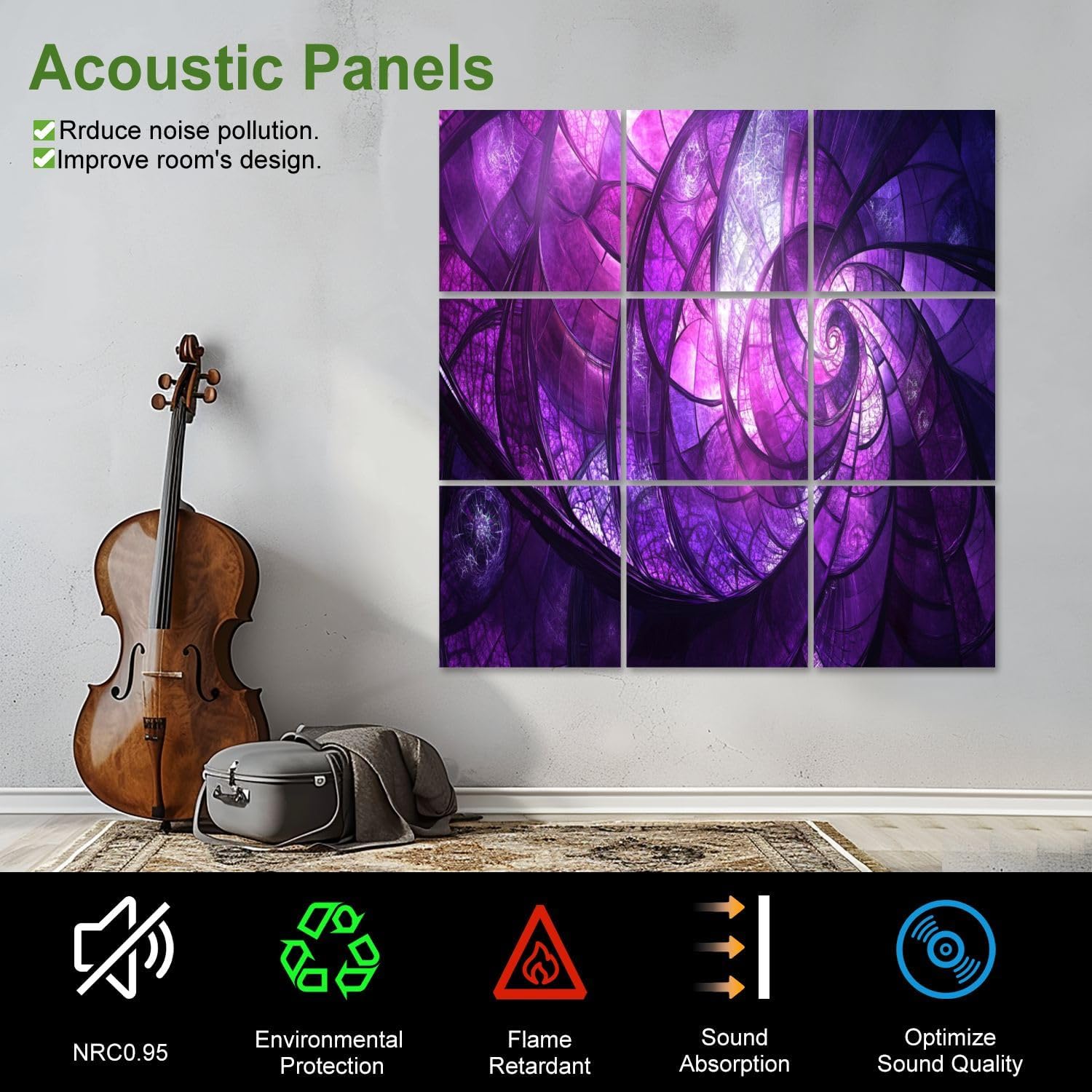 Art Acoustic Panels Self Adhesive Fantastical Landscape Stained Purple Violet 9 Packs Decorative Soundproof Wall Panels Large Sound Absorbing Panels for Home Office 60