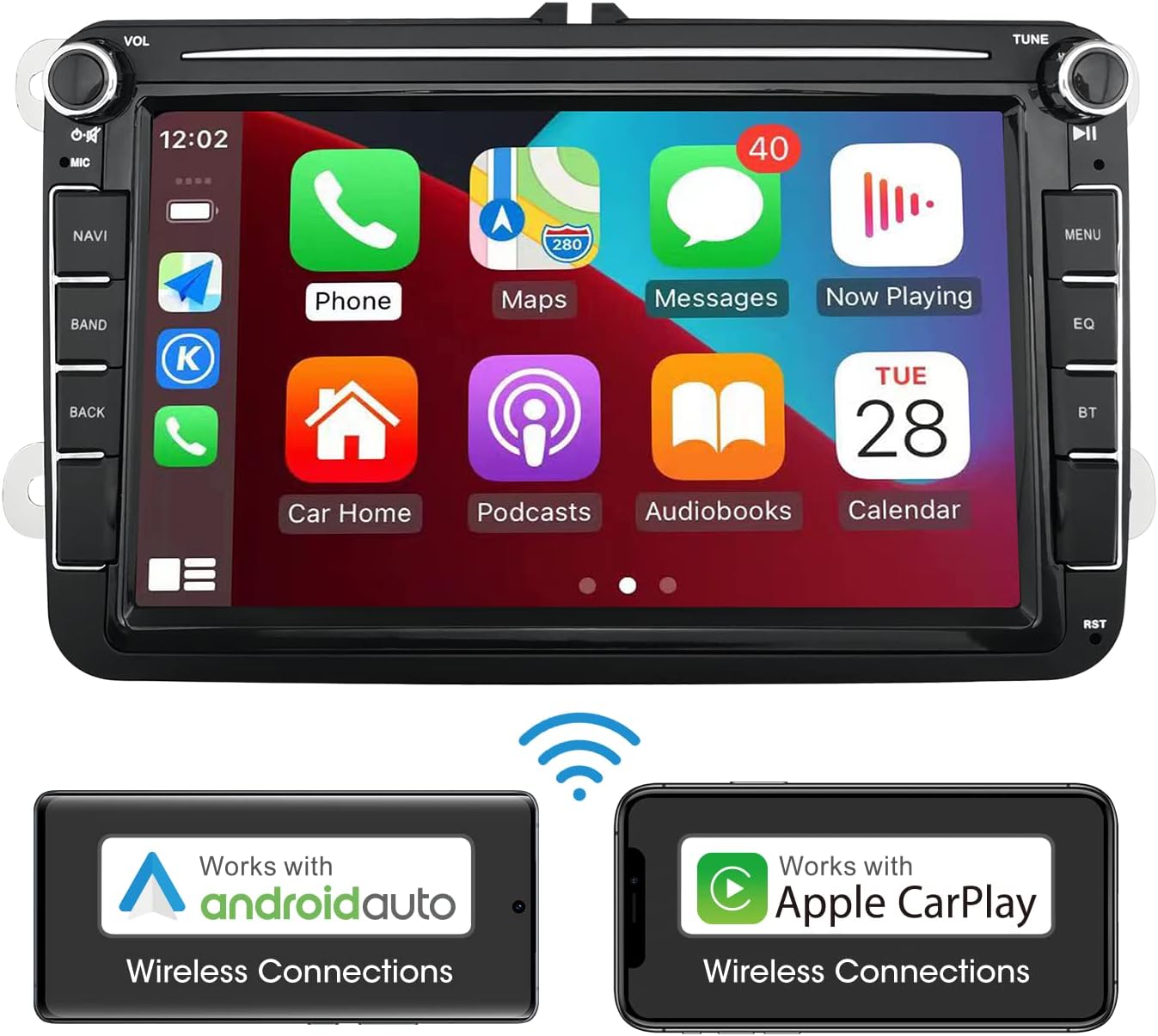 2025 Upgraded Double Din Linux Car Stereo 8inch Wireless-CarPlay Android Auto for VW Passat Golf Jetta Caddy EOS Tiguan,HD Touch Screen,Mirror Link, AM/FM Radio, BT