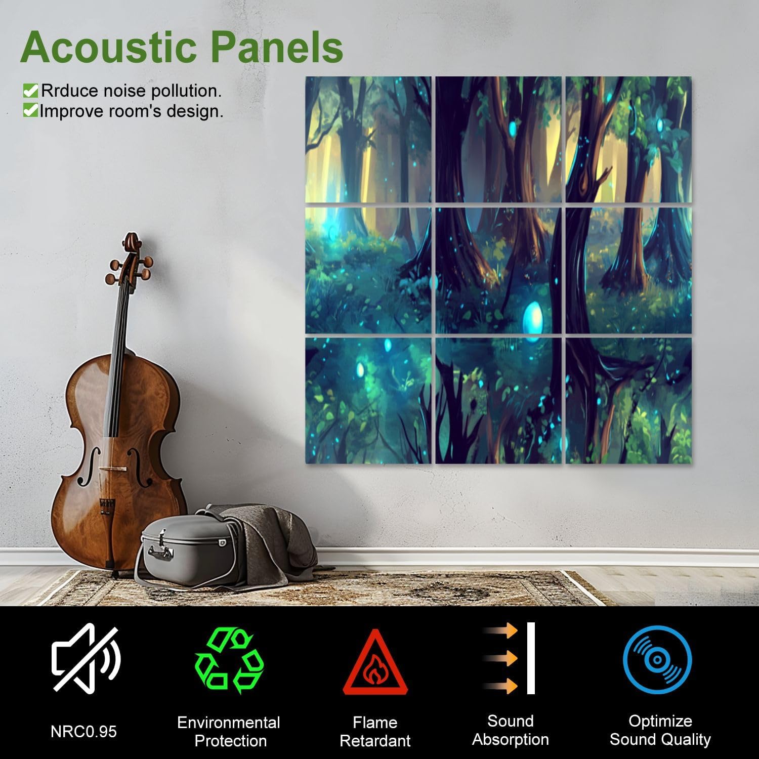 Art Acoustic Panels Self Adhesive Mystical Forest Art Print Deep Greens Rustic Browns Blues 9 Packs Decorative Soundproof Wall Panels Large Sound Absorbing Panels for Home Office 60