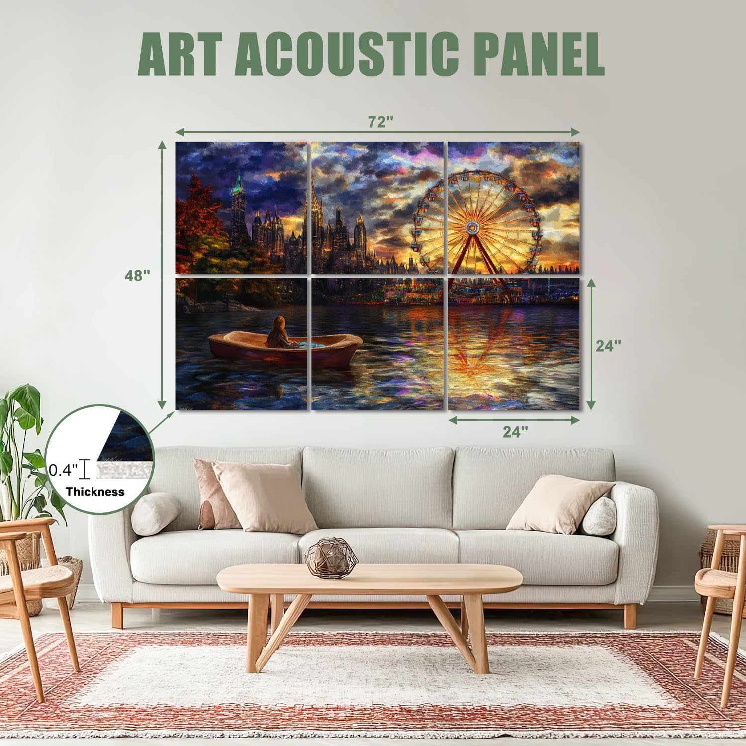 6 Pack Art Acoustic Panels Sound Absorbing Amusement Park Park Scene Castle Skyline Wheel Scenic Pictures Decorative Soundproof Wall Panels Self Adhesive for Recording Studios Office 72