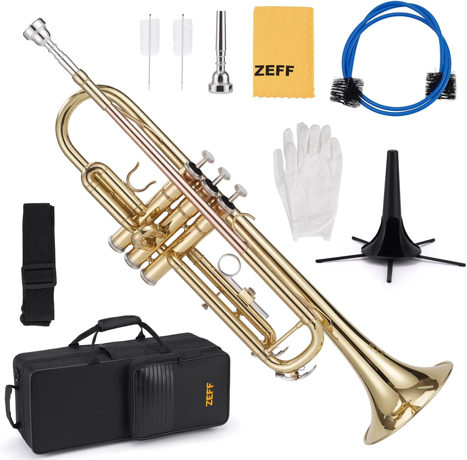 ZEFF Bb Standard Trumpet for Beginners,Trumpet for Student with Hard Case,7C Mouthpiece,Cleaning Cloth,Gloves,Brass Musical Instruments for beginners and Adults