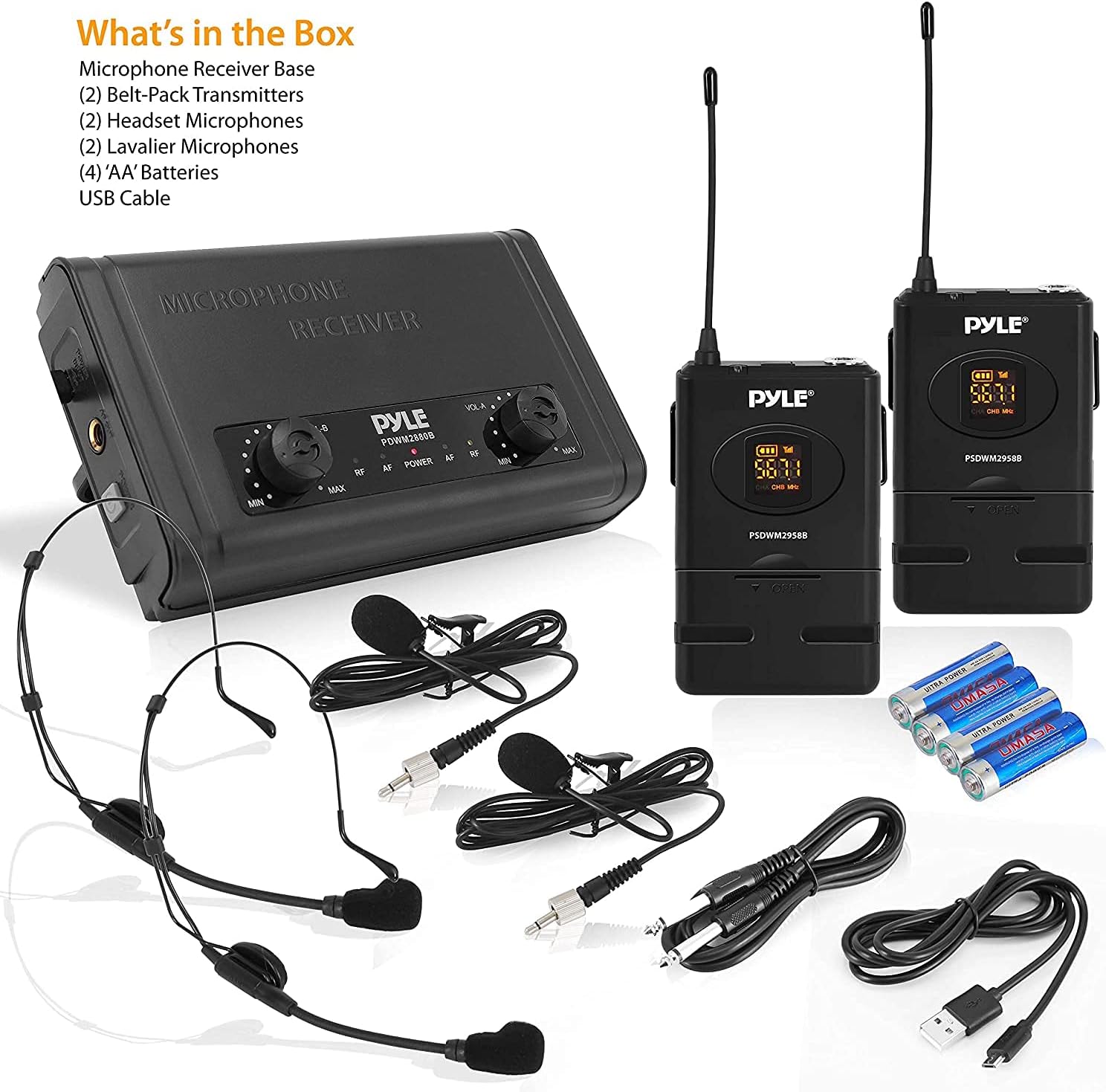 Compact UHF Wireless Microphone System - Pro Portable Dual Channel Desktop Digital Mic Receiver Set w/ 2 Belt-Pack Transmitter, Receiver, 2 Headset Lavalier Mics, Battery, For Home PA - Pyle