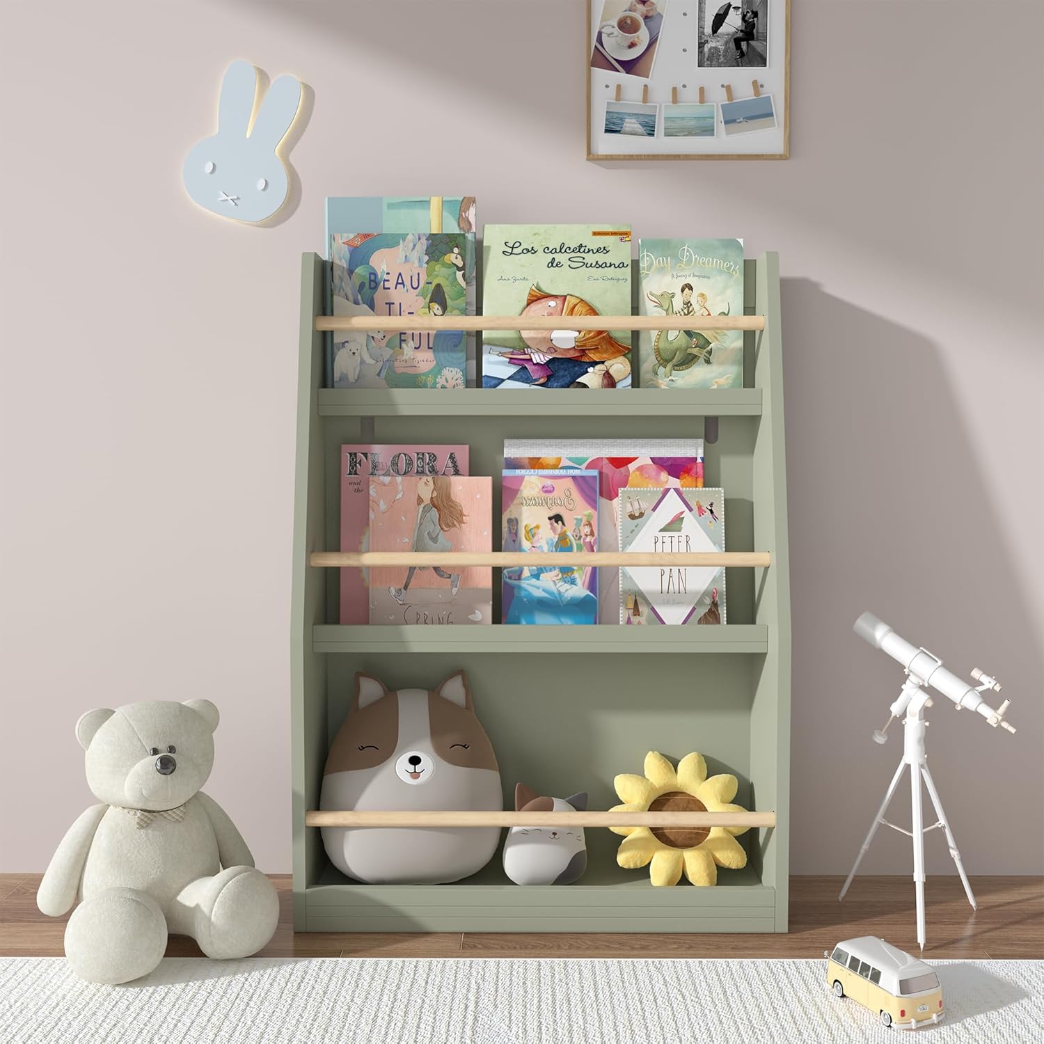 Kids Book Display Shelf, 3-Tier Wall Mount Bookcase, Sage Green, MDF and Pine Wood, Nursery Storage Rack for Children's Bedroom, Playroom