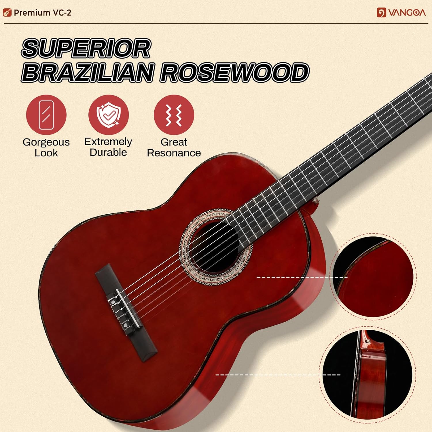 Classical Guitar Full Size 4/4 Spanish Style Classical Guitarra, 39 Inch Nylon Strings Guitar Ideal for Beginner Adults, Solid Rosewood Red, by Vangoa