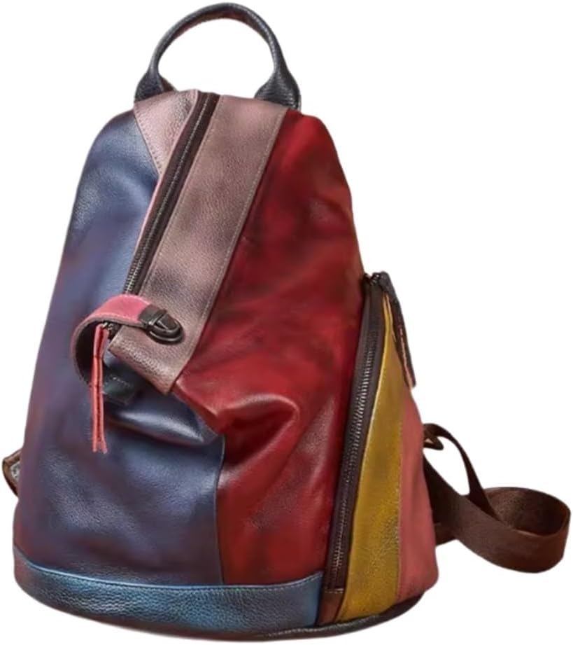 Genuine Leather Backpack Hand Spliced Cowhide Large Capacity Retro Anti-Theft Lock Buckle Shoulder Bag(Multi-colored)