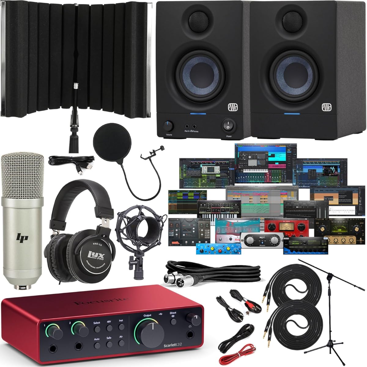 Focusrite Scarlett 2i2 4th Gen USB-C Audio Interface Bundle with PreSonus Eris 3.5 Studio Monitors Recording Shield Condenser Microphone Headphones and Cables