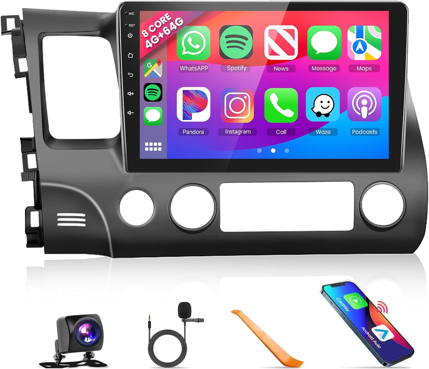 5G WiFi 8Core 4G 64G Car Radio for Honda Civic 2006-2011 Stereo Upgrade 10.1inch 1280x720P QLED Touch Screen 5.1Bluetooth DSP FM/RDS Wireless CarPlay Android Auto GPS SWC Backup Camera