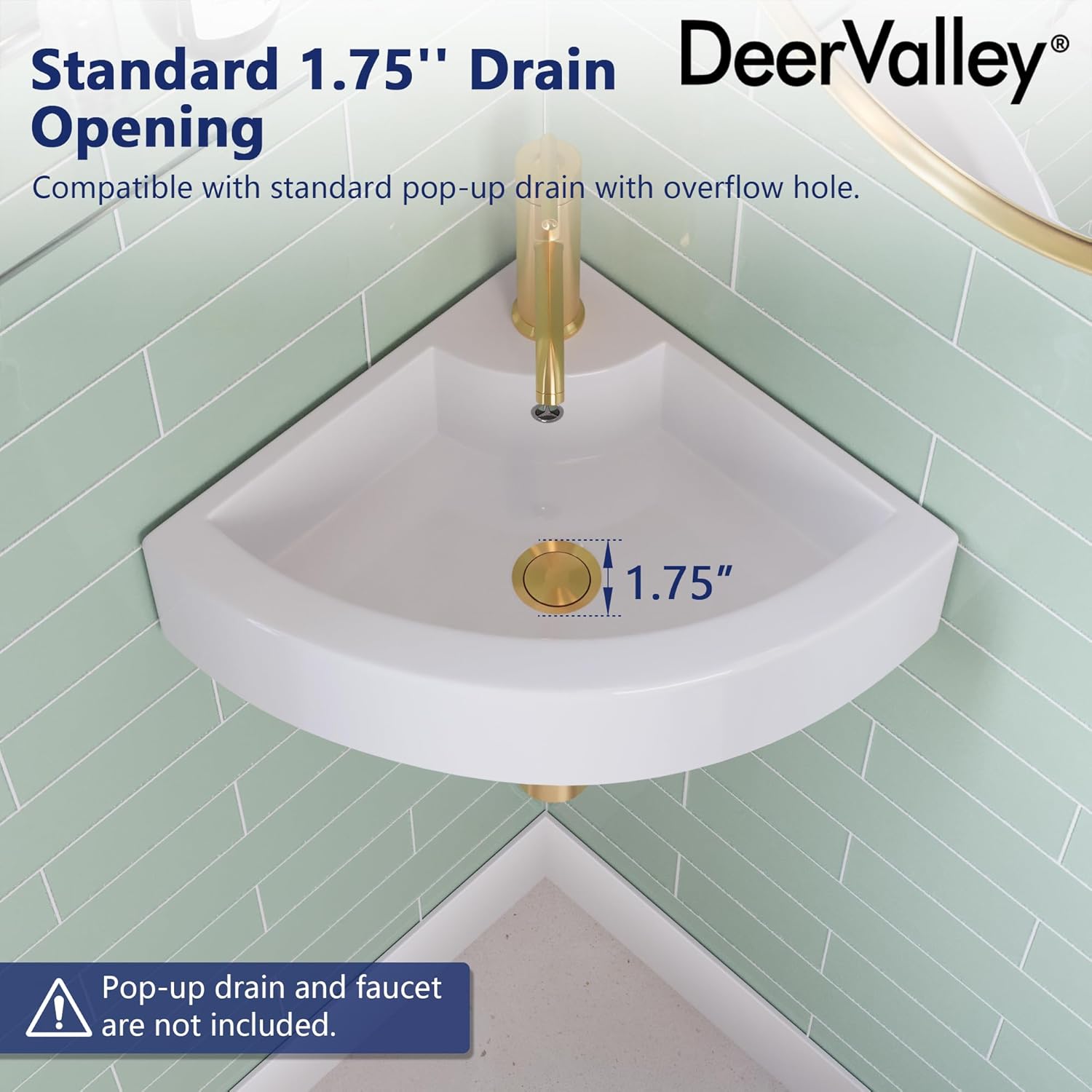 DeerValley 18x13 Inch White Triangle Ceramic Wall Mount Sink, Above Counter Porcelain Bathroom Small Corner Sink with Faucet Hole and Overflow, DV-1V0222