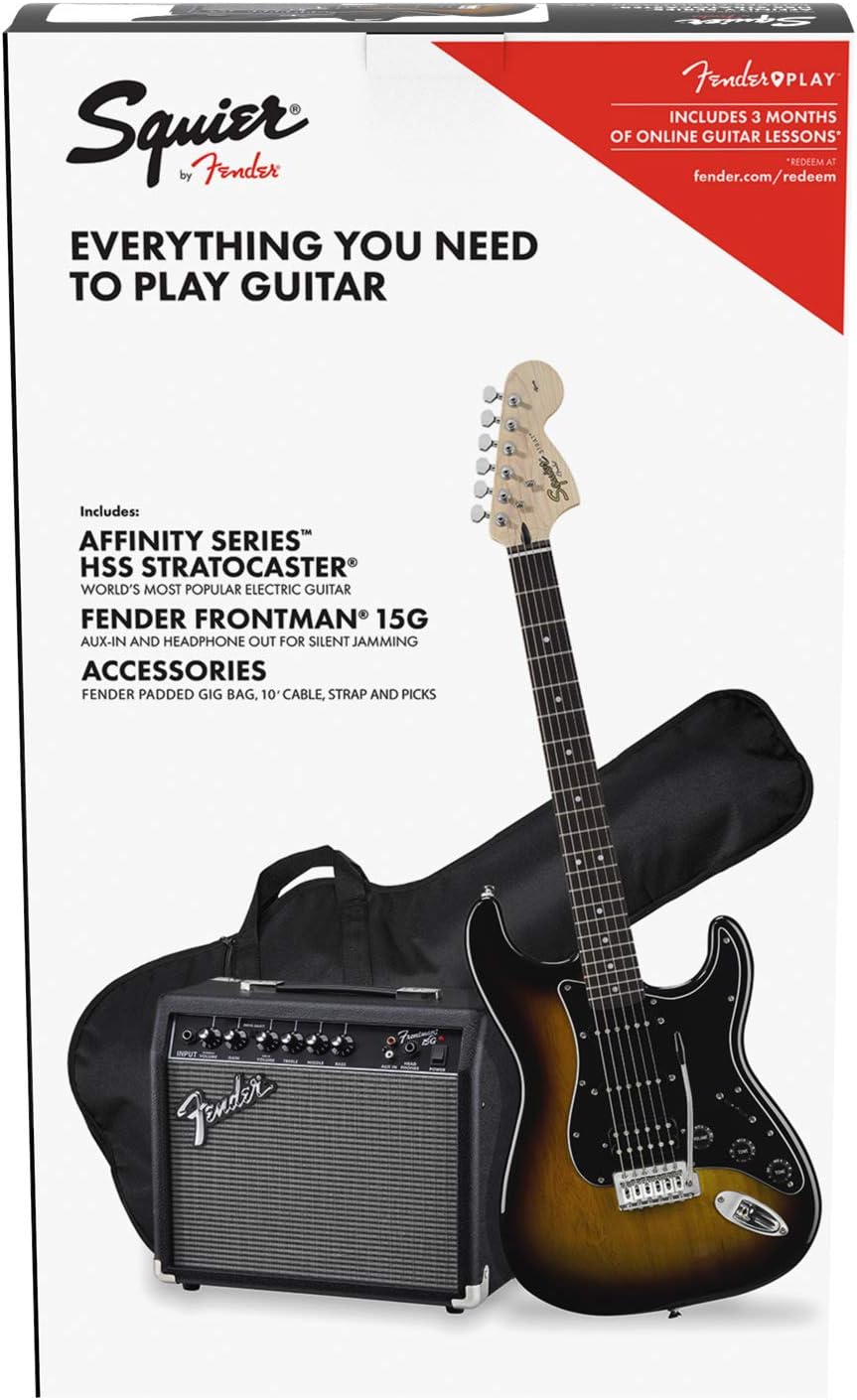 Squier by Fender Affinity Stratocaster HSS Beginner Electric Guitar Pack with Gig Bag, Amp, Strap, Cable, Picks, and Fender Play Subscription - Brown Sunburst (371824032)
