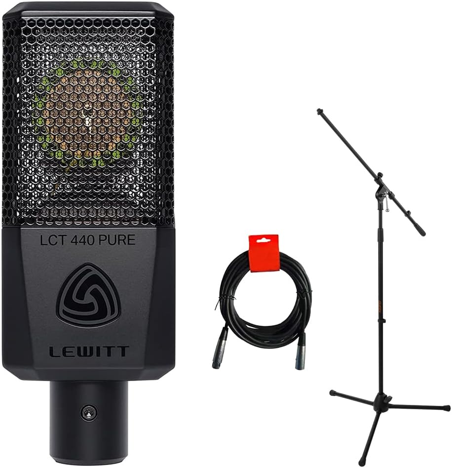Lewitt LCT-440-Pure Single-Pattern, Condenser Microphone Bundle with Auray MS-5230F Tripod Mic Stand and XLR-XLR Cable