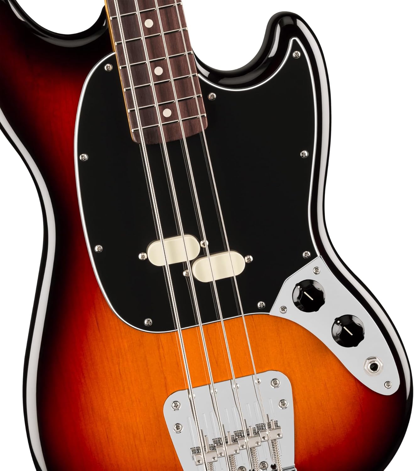 Fender American Professional Classic Mustang Bass - 3-Color Sunburst Bundle with Gig Bag, Strap, Cable, and Guitar Cleaning Kit