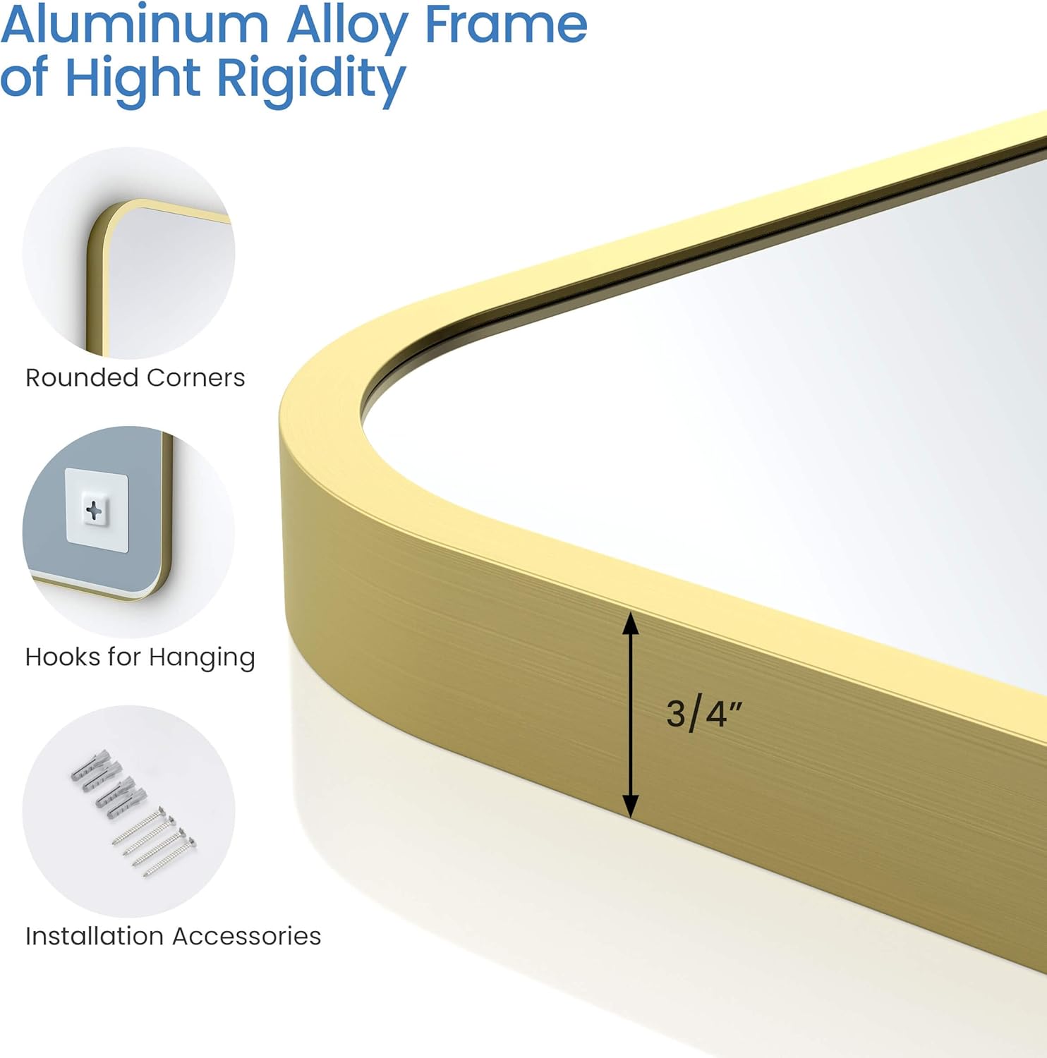 KIBI Shatteproof Wall-Mount Metal Frame Mirror | Horizontal/Vertical Mount | Wall Mirror for Bathrooms, Living Rooms, Hallways, Entryways, Offices | Rust Resistant (Brushed Gold, 36