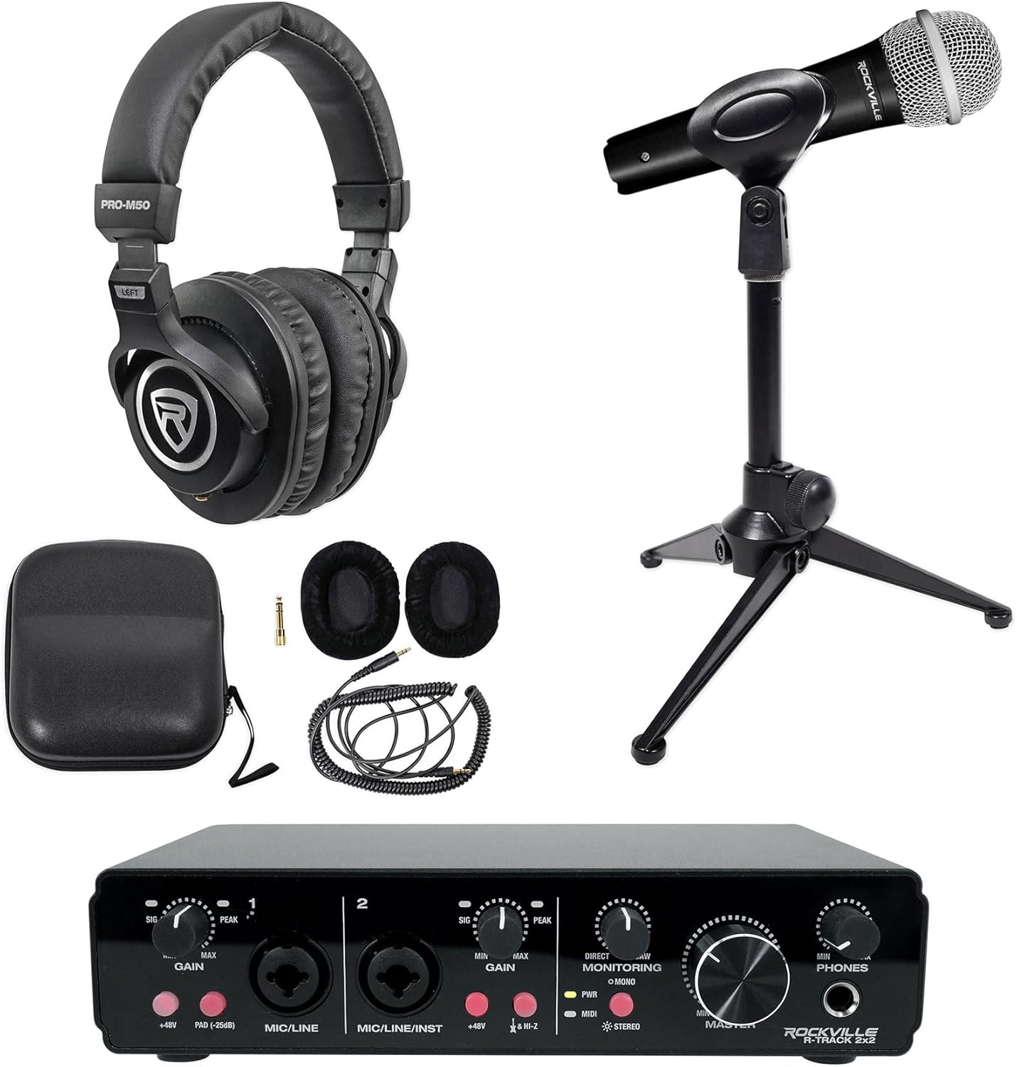 Rockville Podcasting Bundle: R-TRACK 2x2 USB Interface 24-Bit 192kHz, RMC-XLR Dynamic Mic with 2 Cables, PRO-M50 Studio Headphones, RDTS Adjustable Mic Stand, 4-items