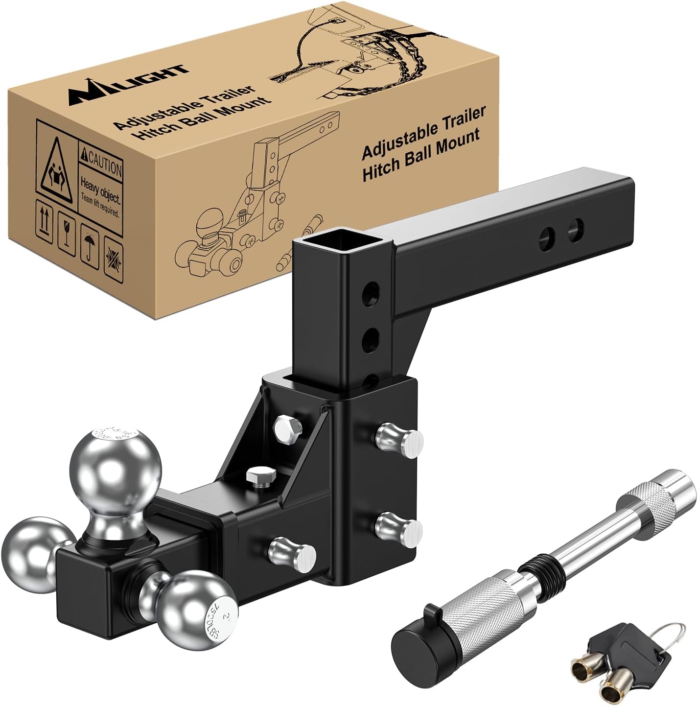 Nilight Adjustable Trailer Hitch Ball Mount Fits 2'' Receiver Tri-Ball 1-7/8''-6000LBS 2''-7500LBS 2-5/16''-10000LBS Capacity Chrome Trailer Ball Hitch with Solid Shank