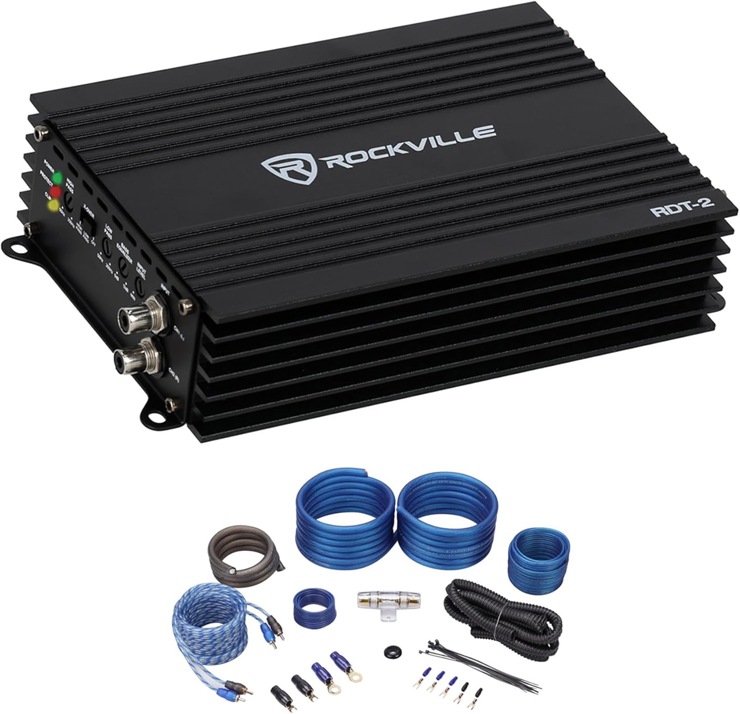 Rockville Car Audio Bundle with RDT-2 2-Channel Amplifier 400W RMS/1600W Max Compact Design, RWK41 4 Gauge Complete Amp Wiring Kit with 100% Copper RCA Cables (2 Items)