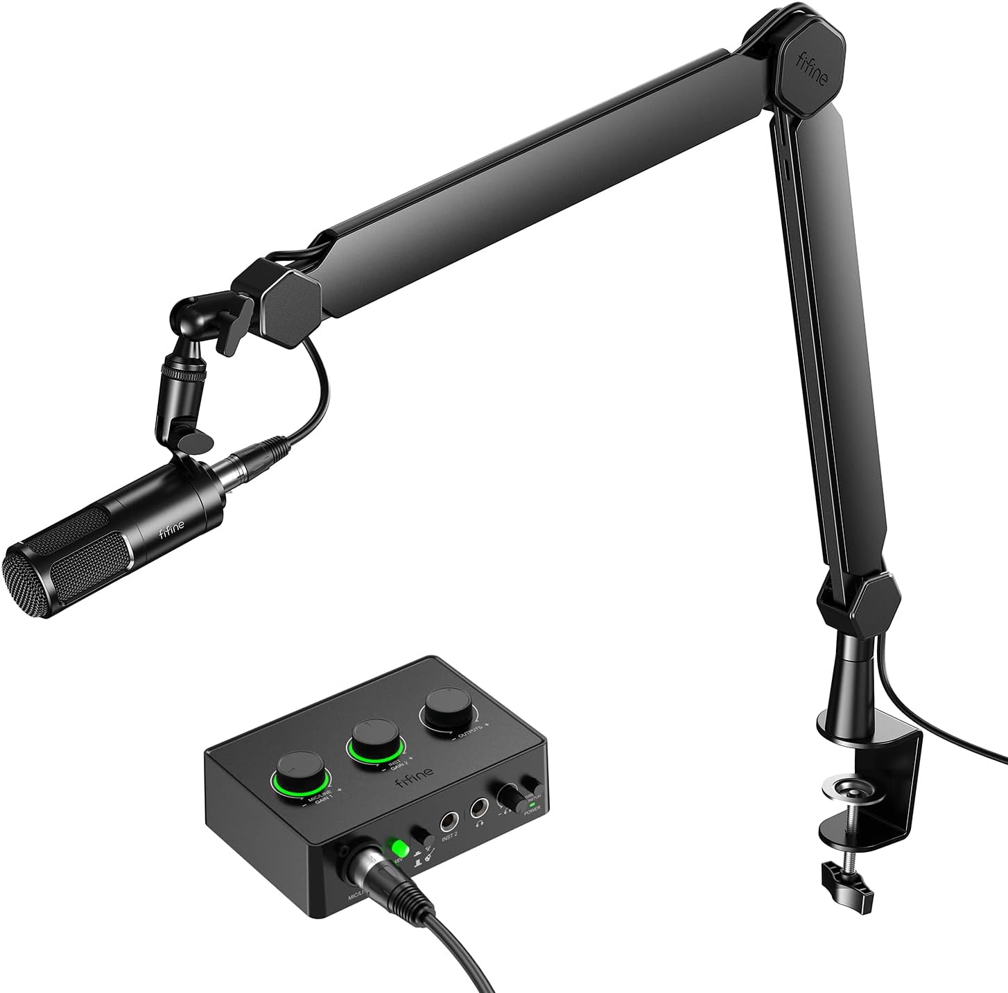 FIFINE Podcast Equipment Set with XLR Studio Mic, Audio Interface, Boom Arm for Recording/Vocal/Voice-Over, USB Audio Mixer for Streaming with XLR Mic Input, Volume Knob in Home Office (KS6+BM66)
