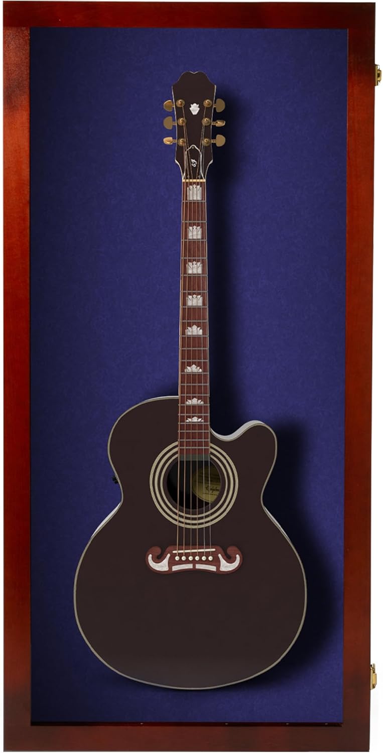 PENNZONI Extra Large Acoustic Guitar Display Case - Wall Mount Display Case for Acoustic/Electric Guitars - Ultra Clear Acoustic Guitar Solid Wood Frame Display Case | Cherry, Blue Felt
