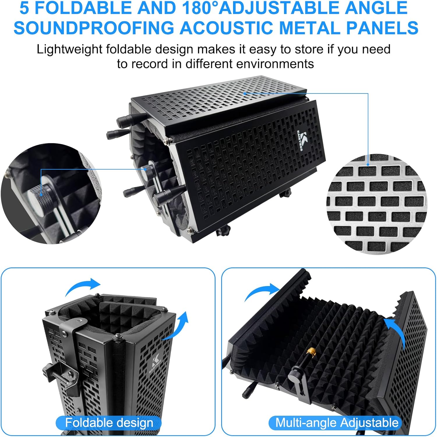 5-Sided Isolation Shield Microphone Stand, Studio-Grade Soundproof Booth with Pop Filter & High-Density Foam, Adjustable Tripod for Music studio, Podcasting Mic Stand with Pop Filter