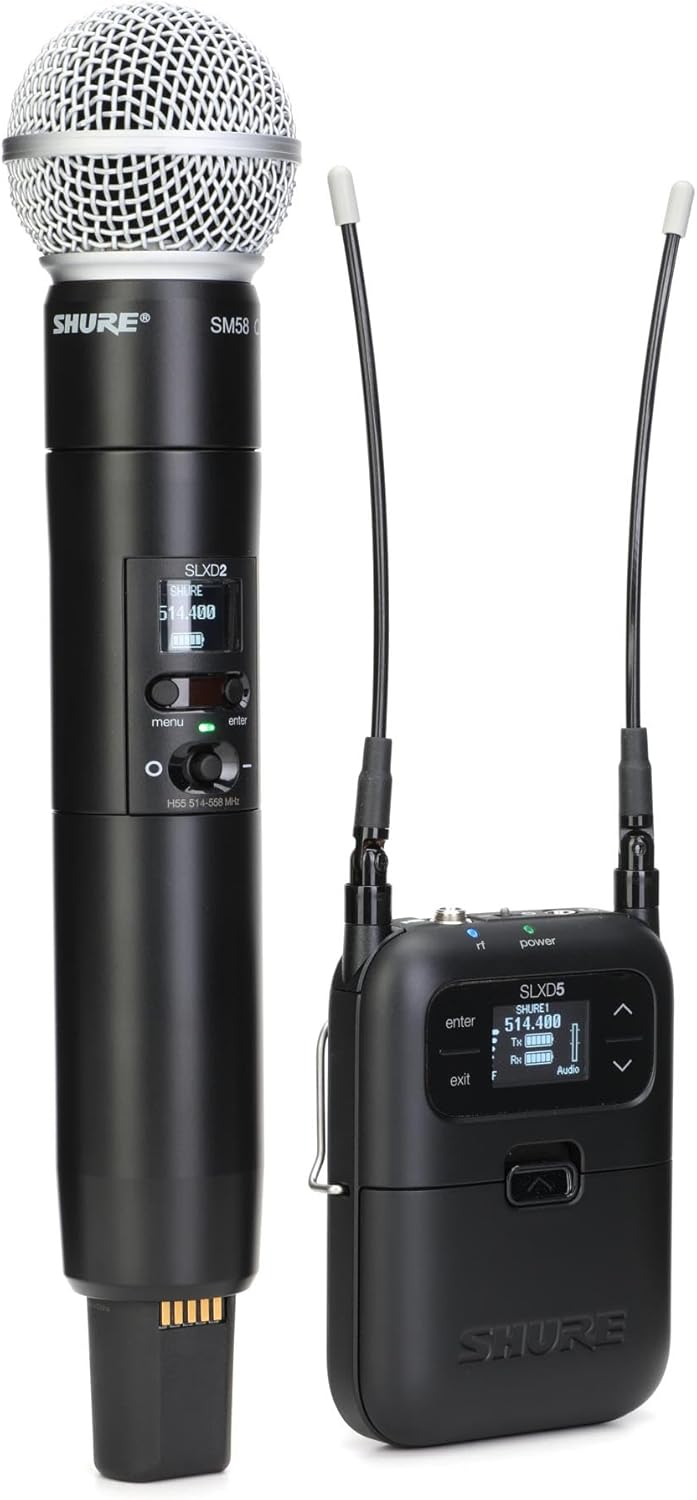 Shure SLXD25/SM58 Portable Digital Wireless System with SLXD2 Handheld Transmitter with SM58 legendary Cardioid Dynamic Vocal Microphone and SLXD5 Single-Channel Receiver | H55 Band (SLXD25/SM58-H55)