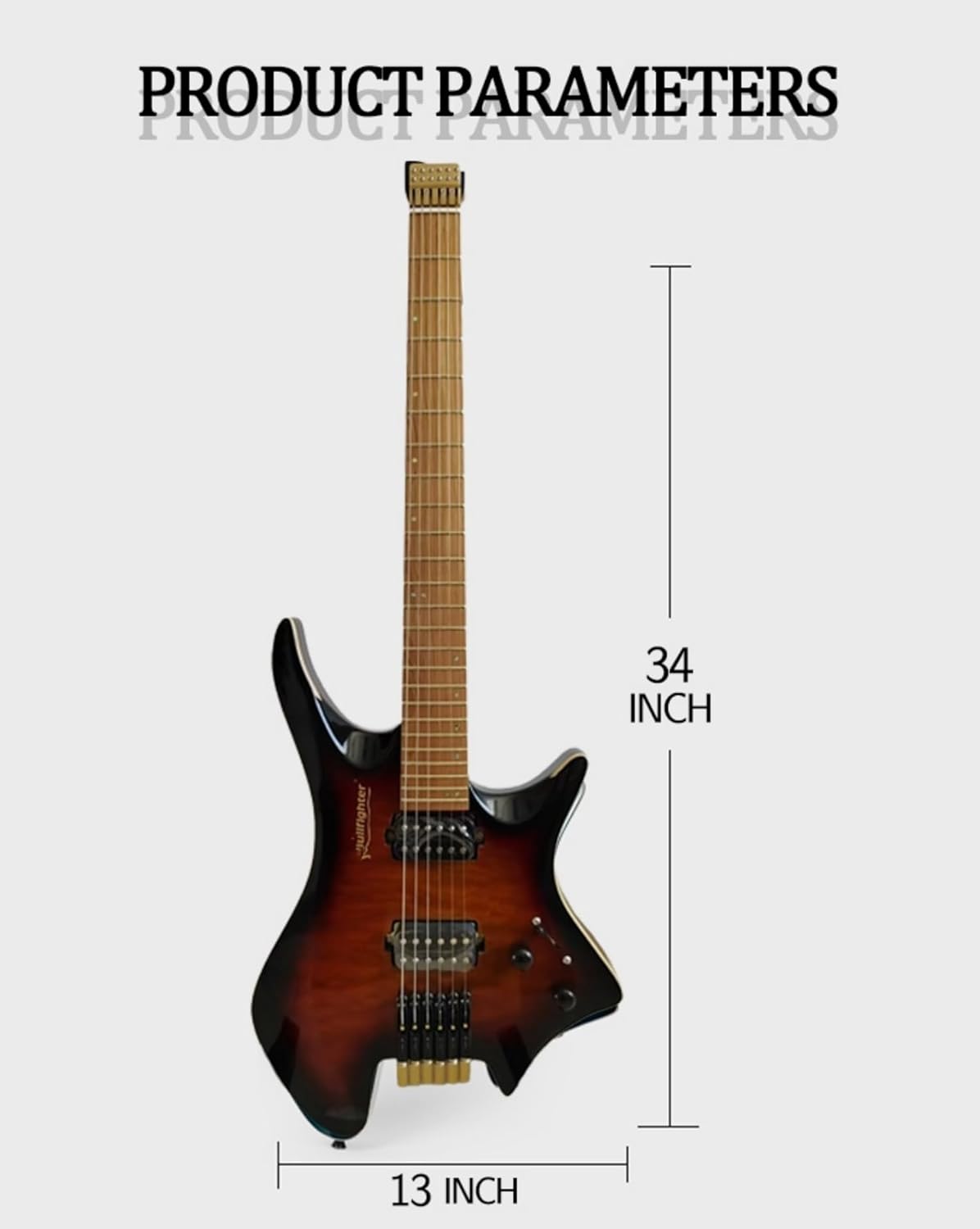 34-Inch Headless Electric Guitar Kit, H-H Pickups with Coil Splitting, Copper String Lock, Roasted Maple Fretboard for Travel and Beginners (Sunburst)