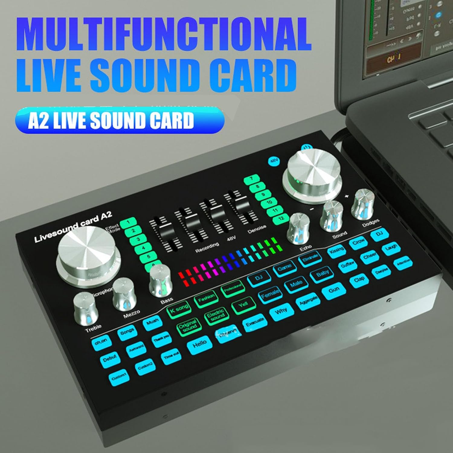 Live Sound Card, Professional Audio Mixer with Sound Effects & Voice Changer, Bluetooth 48V Phantom Power Audio Interface Sound Board for Podcast Recording, Live Streaming, Gaming