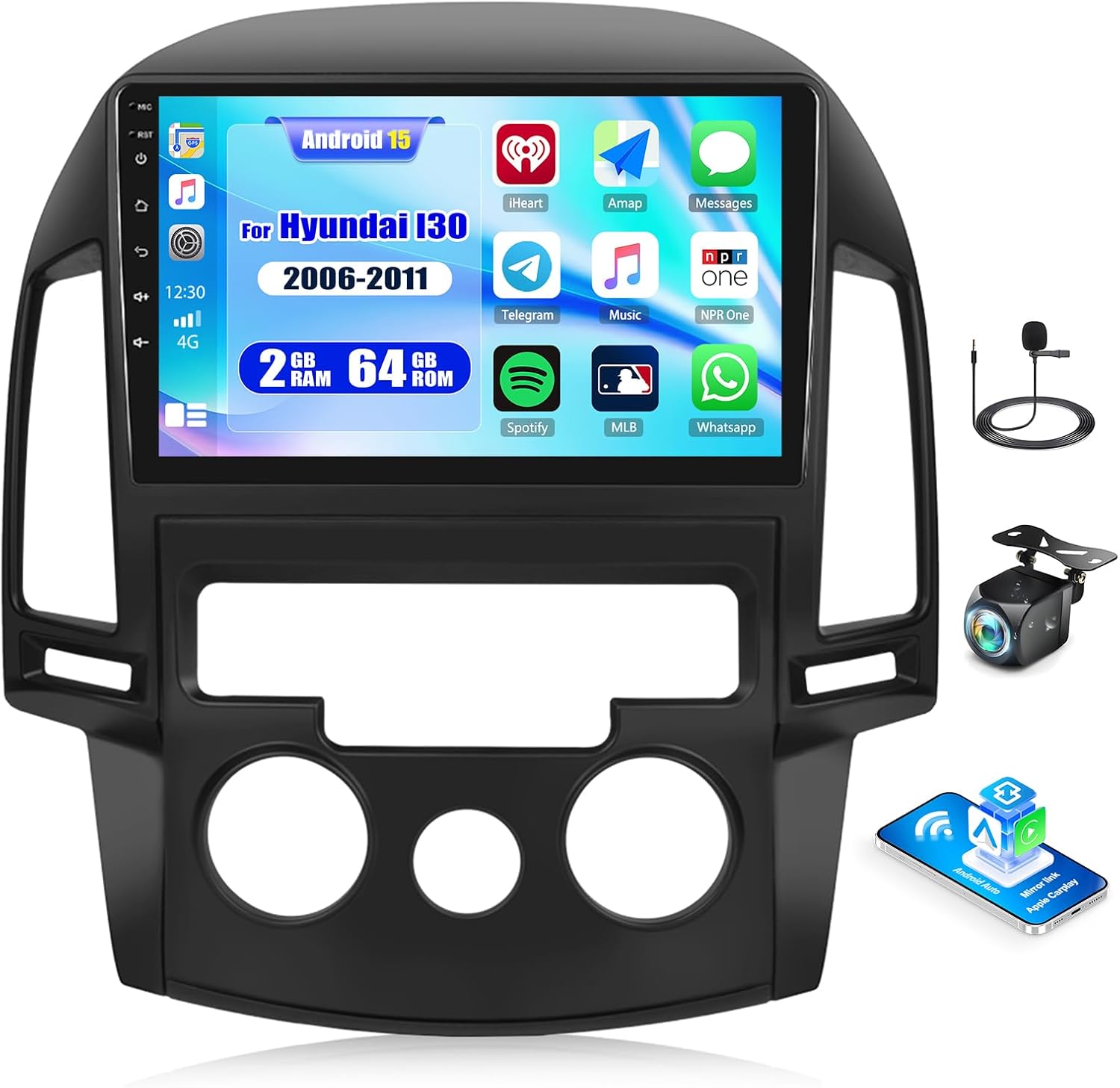 CAMECHO Android 15 Car Stereo for Hyundai I30 2006-2011 9 Inch Touch Screen 2G+64G with Wireless CarPlay Android Auto Mirror Link 28UI Bluetooth FM GPS Navigation WiFi SWC Backup Camera