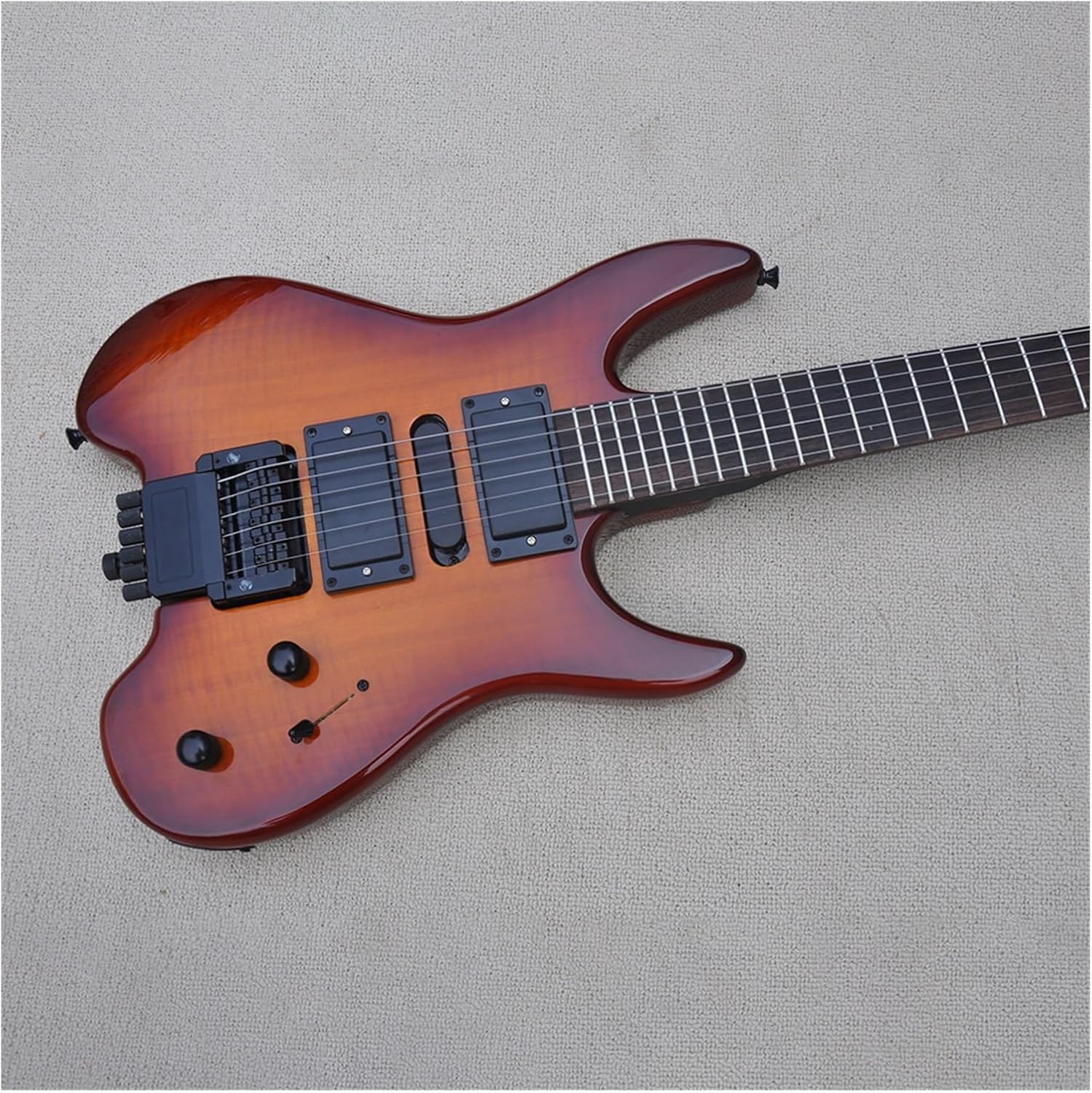 Headless Electric Guitar 39 Inches Brown Headless Electric Guitar with Flame Maple Veneer Rosewood Fretboard