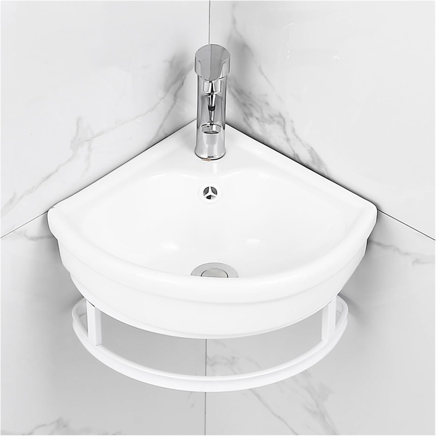 Wall Mount Corner Bathroom Sink, for Small Spaces, Ceramic Basin with Faucet Hole and Overflow, Mini Vanity Vessel Sink, Easy to Maintain and Install (White 32CM)