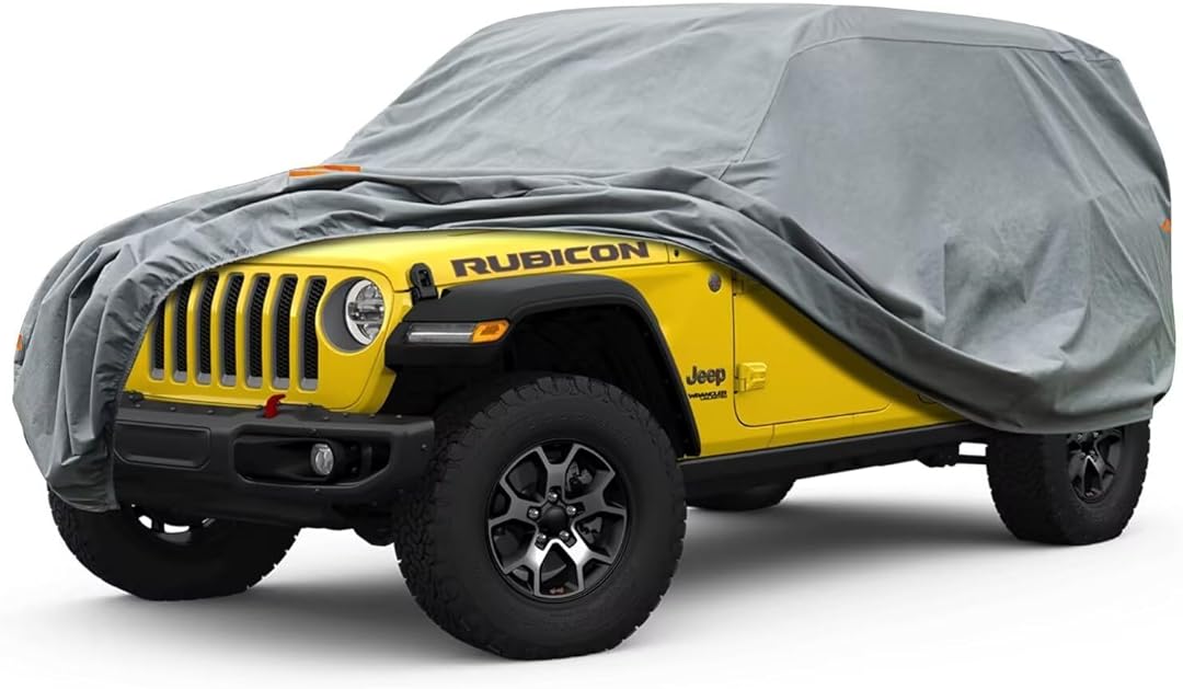 Kayme Heavy Duty Jeep 4dr Car Cover, Custom Fit Jeep Wrangler Unlimited 4 Door JK JL Rubicon/Sahara,etc Waterproof All Weather for Automobiles, Full Car Cover - Sun, Rain & UV Protection
