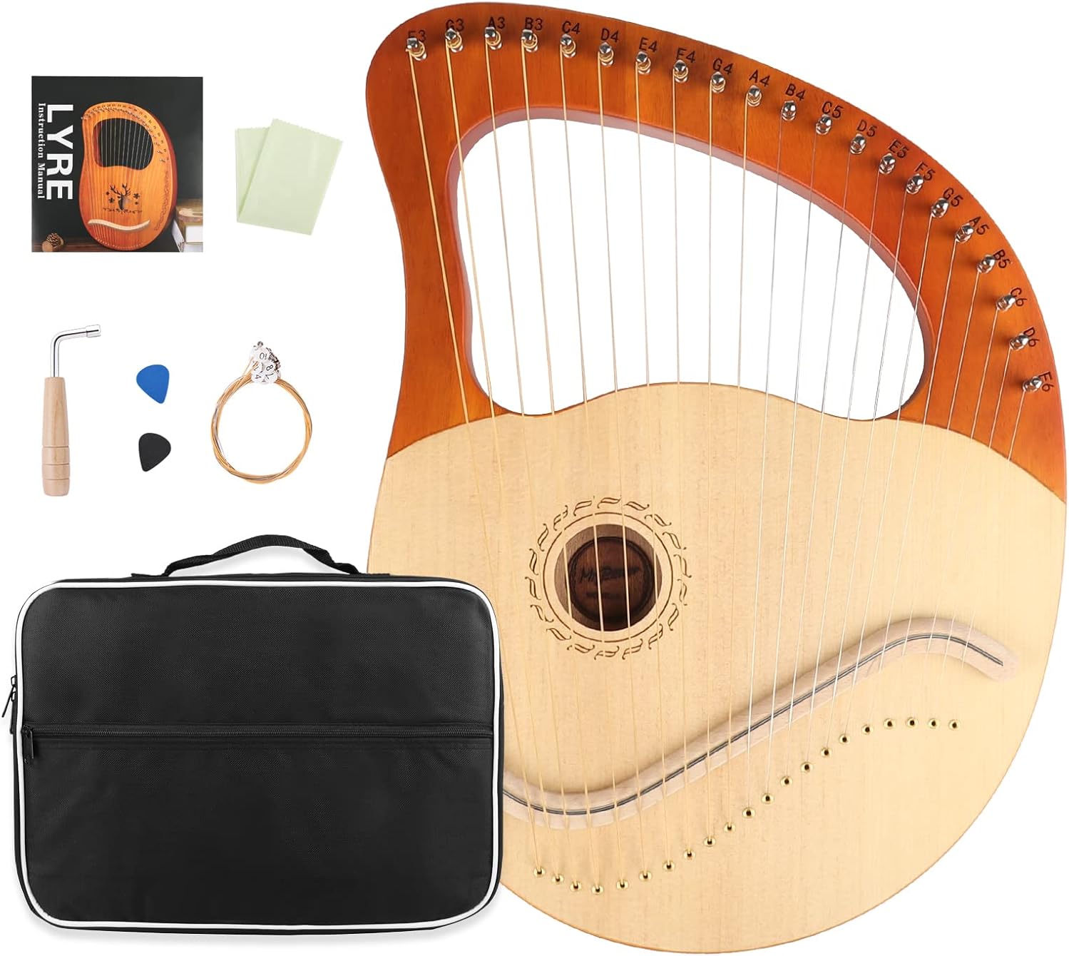 Mr.Power Lyre Harp, 21 Metal Strings Lyre Harp Present For Music Lovers, Beginners, Friend with Tuning Wrench, Replace String Set and Gig Bag (21 String, Natural Wood)