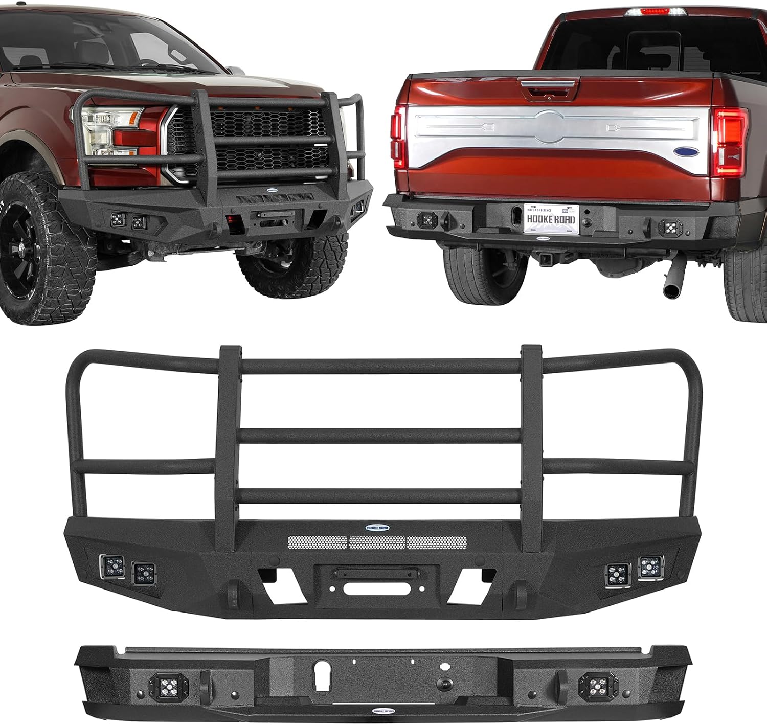 Hooke Road 15-17 F150 Front and Rear Bumper Set w/Full Bull Bar for 2015 2016 2017 Ford F-150(Exclude Raptor), Heavy Duty Steel Bumpers Guard with Winch Plate, D-ring Mounts, LED Lights