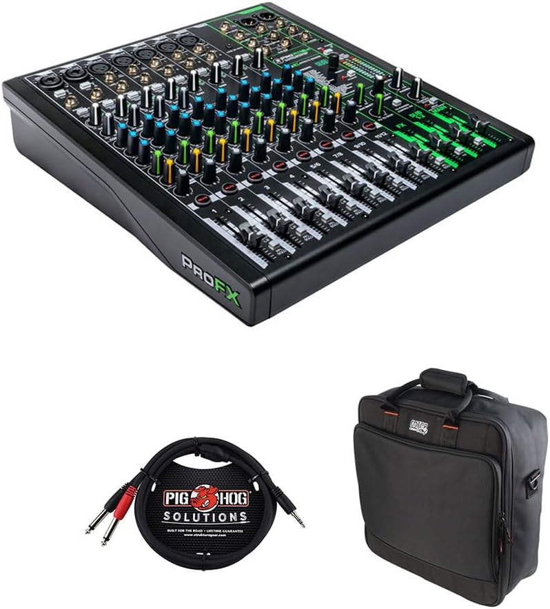 Mackie ProFX12v3 12-Channel Sound Reinforcement Mixer with Built-In FX, Gator Cases G-MIXERBAG-1515 Mixer Bag & Stereo Cable 10ft Bundle