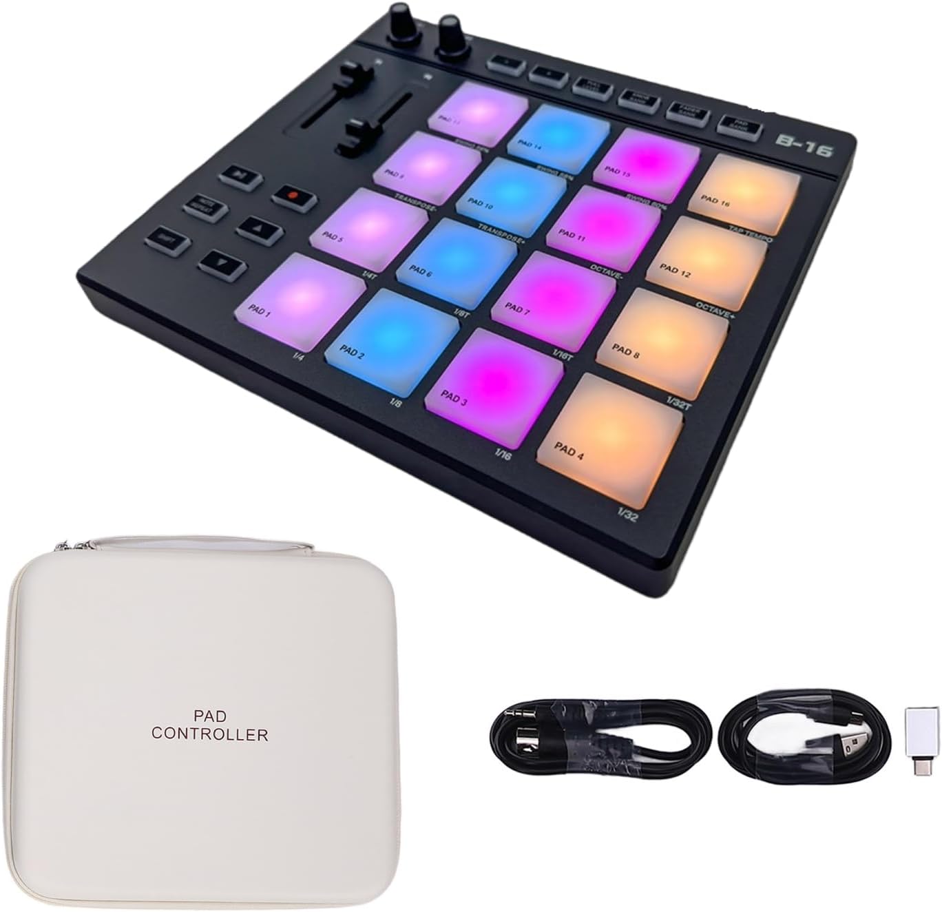 MIDI Controller Strike Pad, USB MIDI Controller Low Latency Drum Machine with 16 Beat Pads RGB Backlight 2 Assignable Fader Knobs for Melodic Samples Music Production