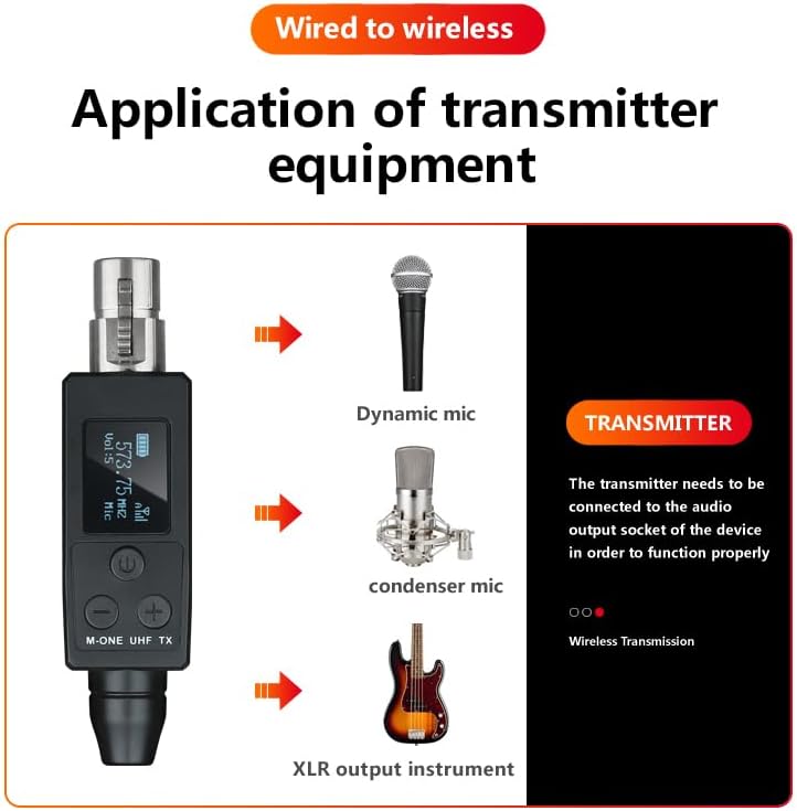 YXG UHF Wireless XLR Transmitter and Receiver Plug-on Wireless Microphone System for Dynamic/Condenser Microphone,with 48V Phantom Power, Electric Guitar/Bass, and More,Audio Mixer, PA System