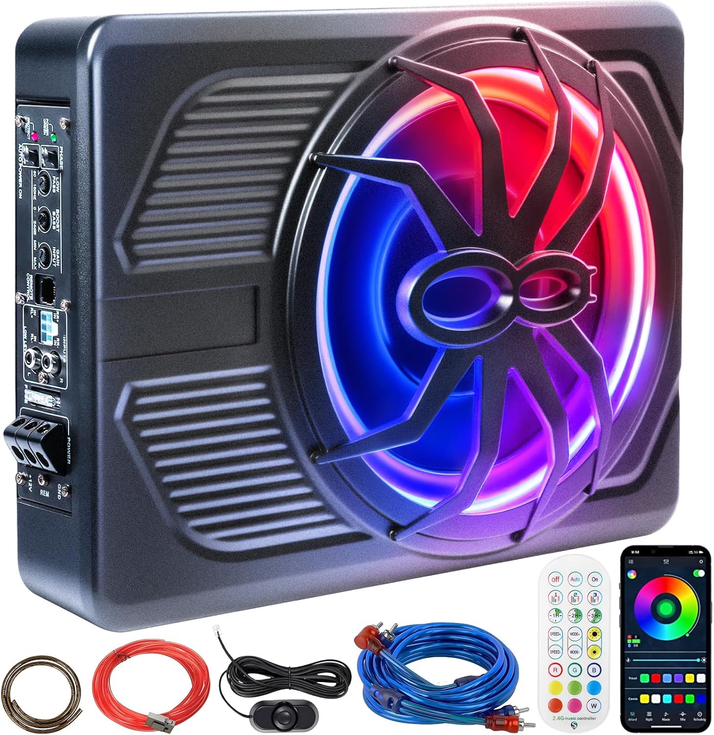 1000W Car Subwoofer with APP Control and Colour Light, 10'' Slim Under Seat Powered Car Subwoofer w/Built-in Amplifier & Hi/Lo Input, Bass Speaker Subwoofer for Car/Truck/SUV/Jeep/MPV