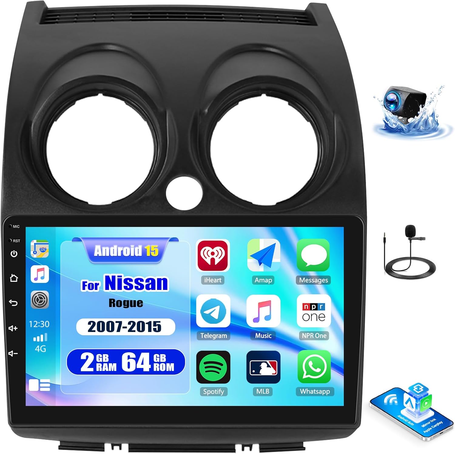 CAMECHO 2G+64G Android 15 Car Stereo for Nissan Rogue 2007-2015 9 Inch Touch Screen with Wireless CarPlay Android Auto Mirror Link 26UI Bluetooth FM GPS Navigation WiFi SWC Backup Camera