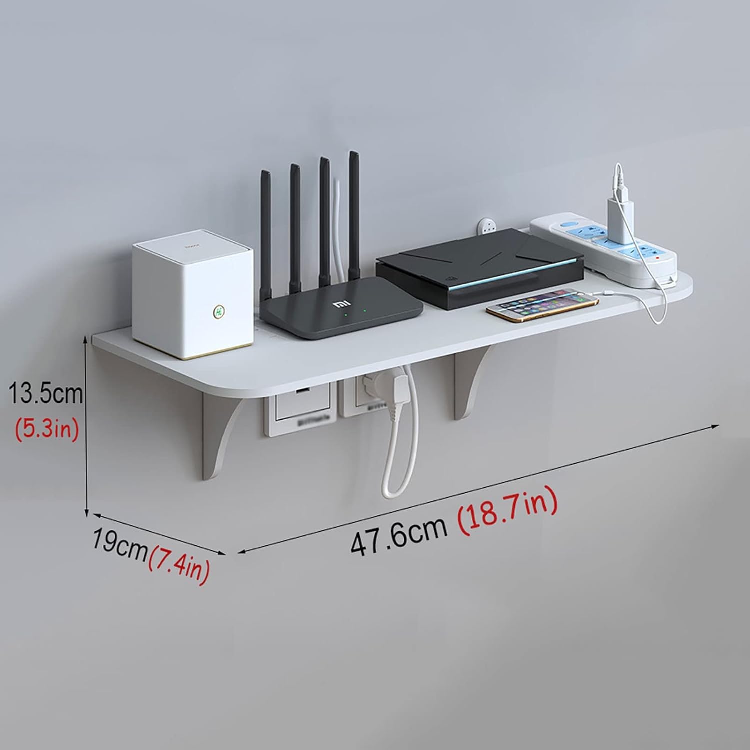 Floating TV Stand (18.7in/47.6cm), Wall Mount WiFi Router Stand，Punching-Free Storage Rack Floating Shelf for Set-Top Box Router Game Consoles for Home (Size : 47.6cm(18.7in))