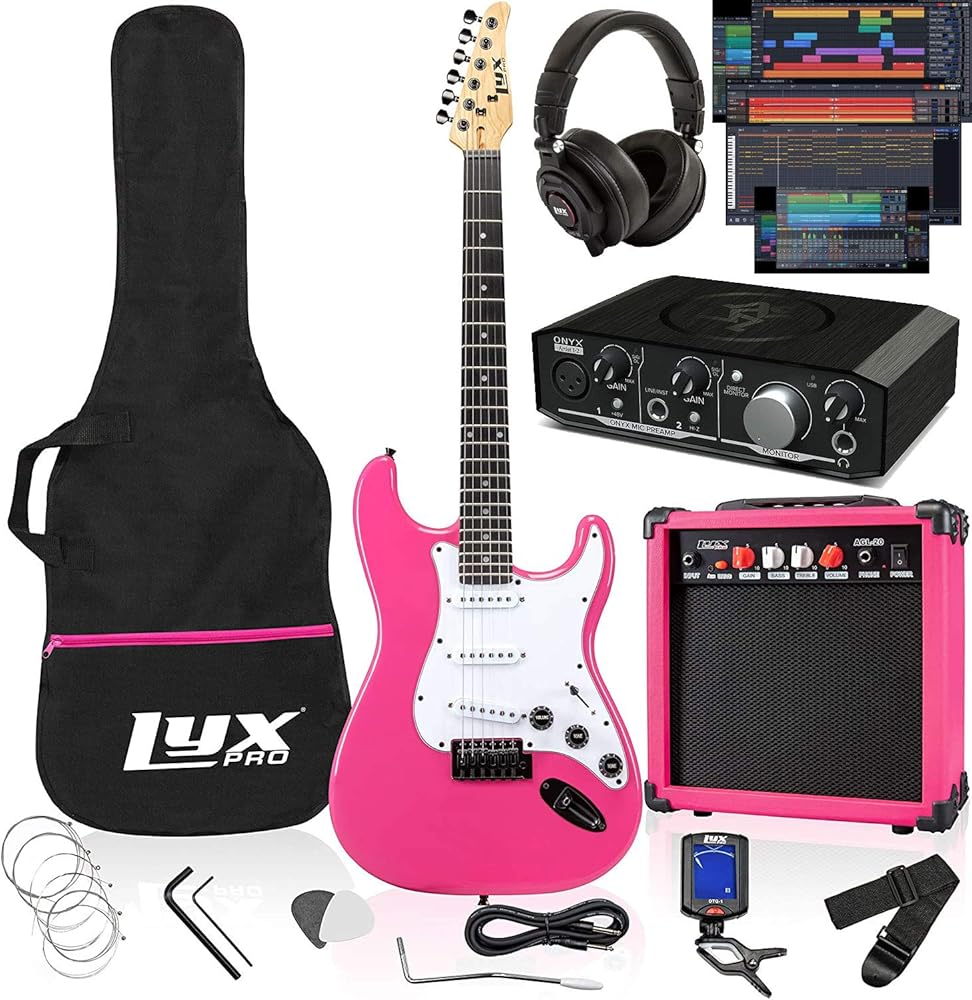 LyxPro Full Size Electric Guitar Pink with 20w Amp Package, Mackie Onyx Artist 2-2 Audio/Midi interface With Pro Tools First/Tracktion Music Production Software Kit With Professional Headphones