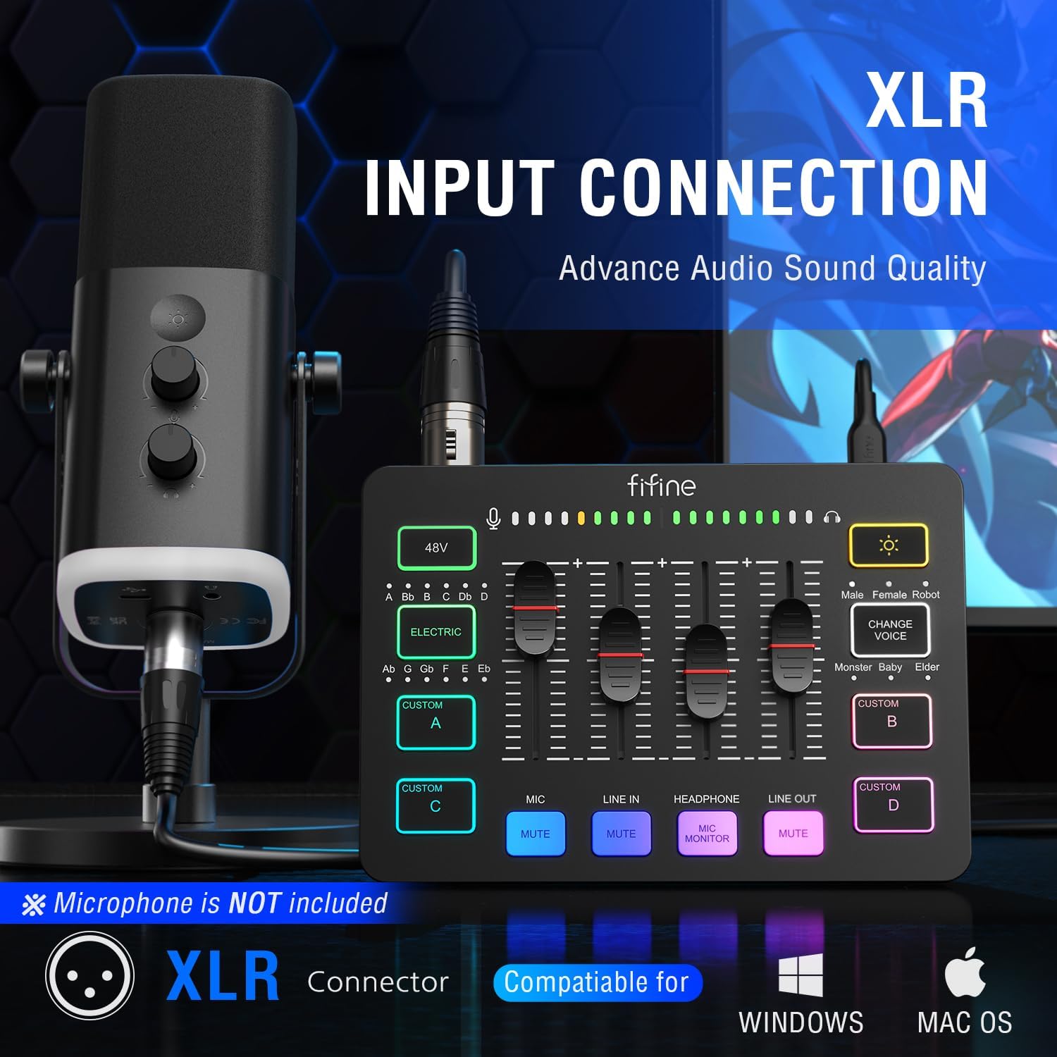 FIFINE Gaming Audio Mixer with XLR Cable Bundle, Streaming RGB PC Mixer with Microphone Cable, XLR Interface, Volume Faders, Mute Button, Computer Mic for Recording/Podcast/Vocal/Game Voice (SC3+L9)