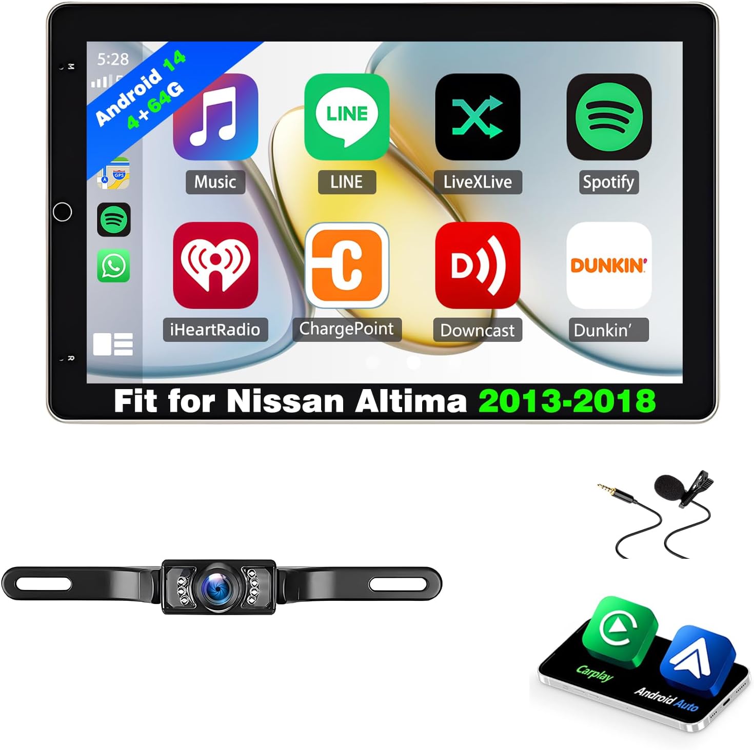 4+64G Android 14 Car Stereo Fit for Nissan Altima 2013-2018, 10inch Touch Screen with Wireless Carplay Android Auto AHD Backup Camera Mirror Link GPS SWC WiFi FM