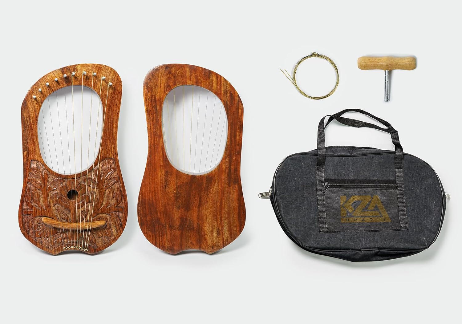 KZA Scottish Lyre Harp 10 Metal Strings Engraved Wood With Free Carrying Bag & Key Natural Finish,Rosewood hand made