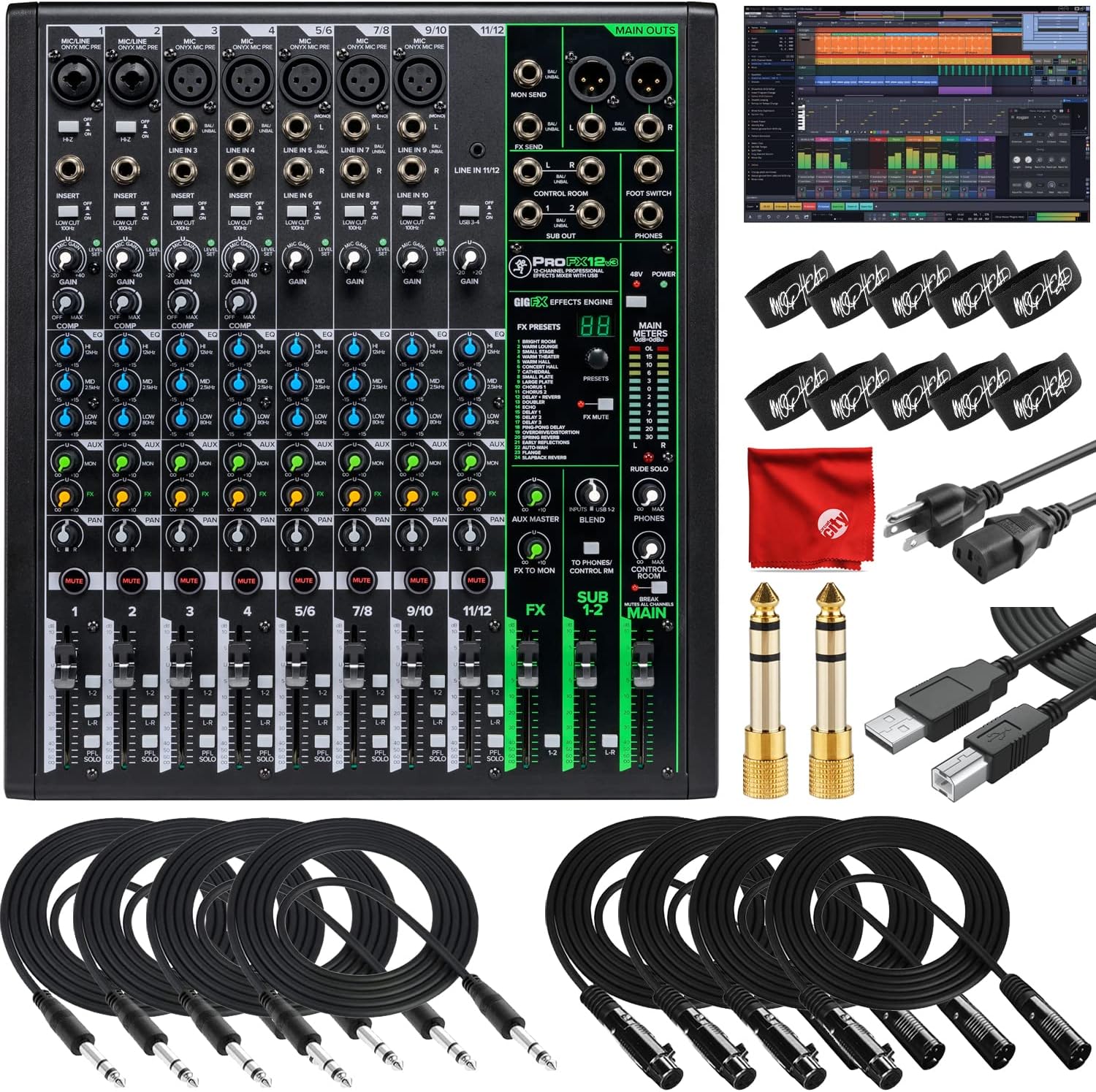 Mackie ProFX12v3 12-Channel Unpowered Mixer USB Bundle with Waveform OEM DAW, 4x Mophead 10-Foot TRS Cable, 4x 10-Foot XLR Cable, 2x 1/4