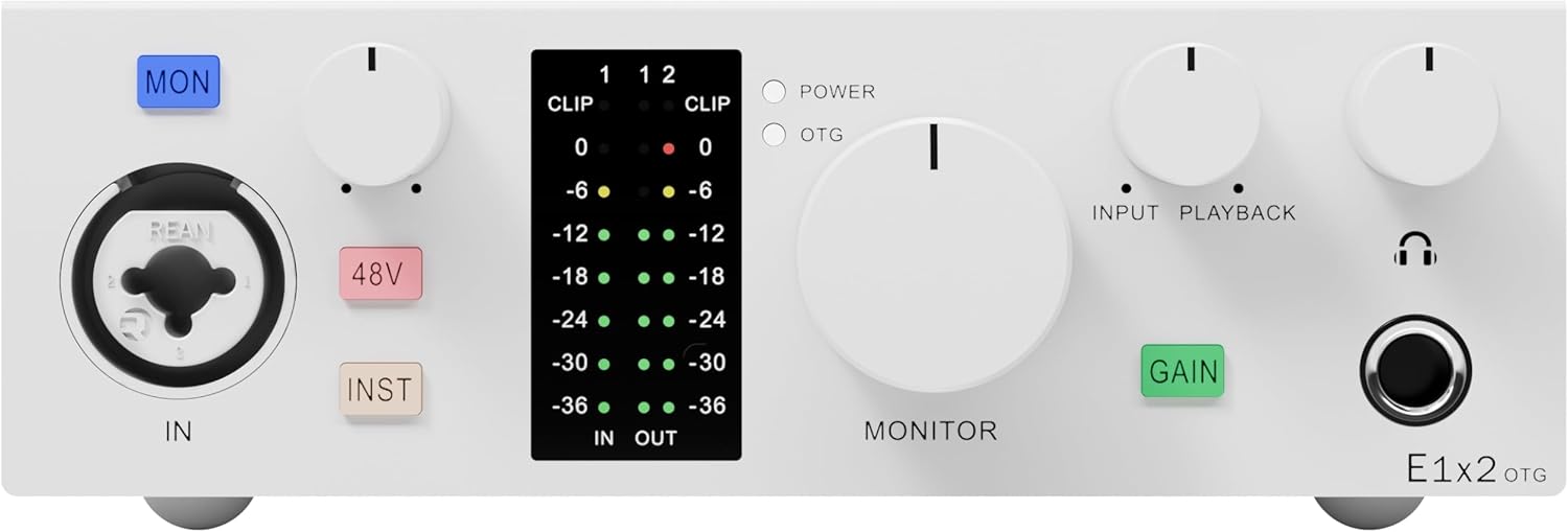 TOPPING E1X2 OTG USB Audio Interface | XLR Mic Preamp, 48V Phantom Power, 24bit/192kHz, 8 DAW/6 Loopback Channels, PC & Mobile Recording, Dual Livestream, Zero-Latency Mixer, High-Res Playback(White)