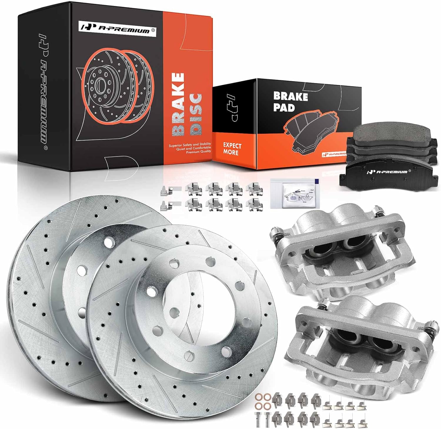 A-Premium Front Drilled and Slotted Disc Brake Rotors and Ceramic Pads Kit with Calipers Compatible with Ford F-250 Super Duty 2005-2012, F-350 Super Duty 2005-2007 8-PC Set