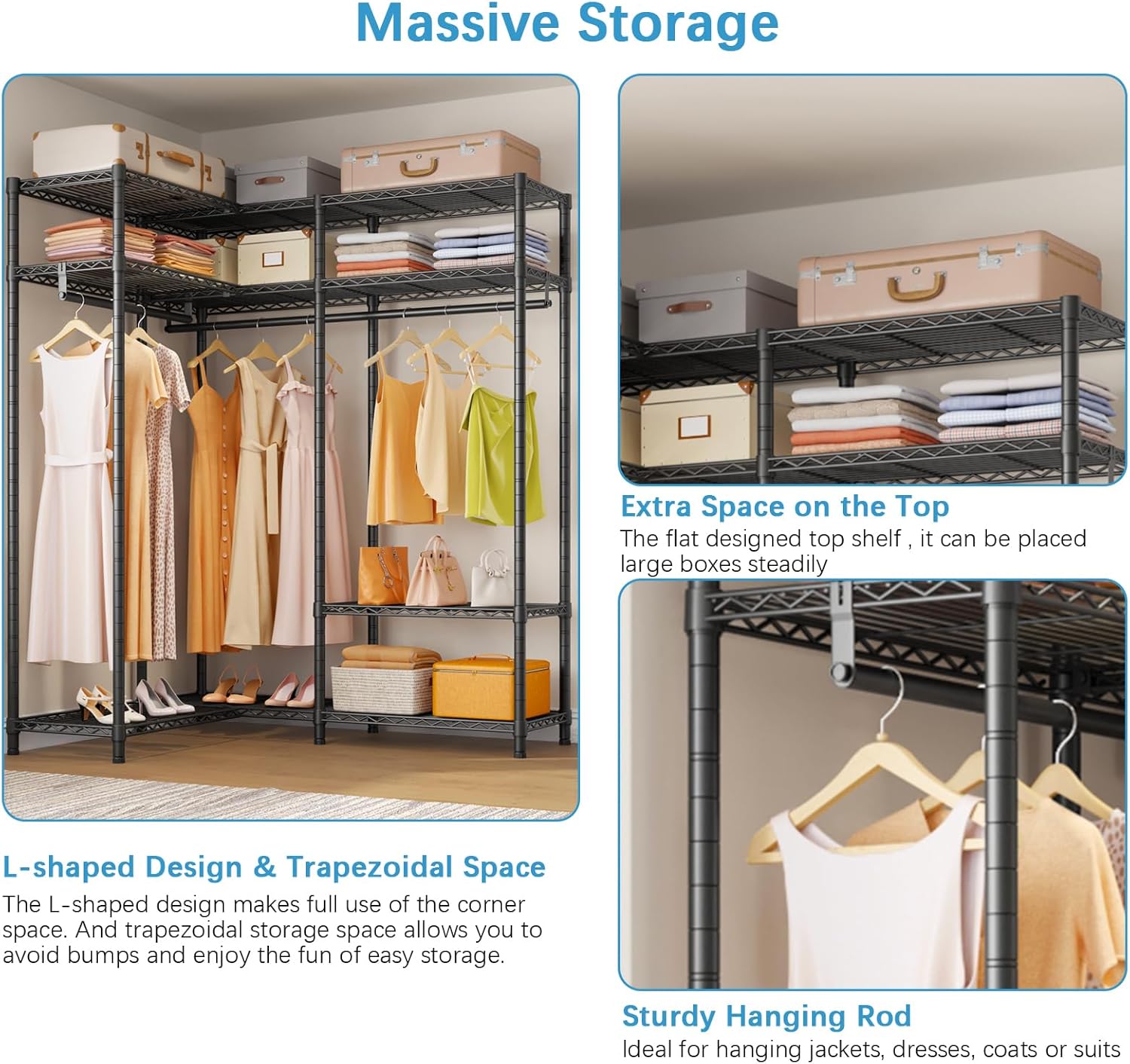 VIPEK L30 Corner Clothes Rack, Heavy Duty L-Shaped Freestanding Closet with Adjustable Shelves & Hanging Rods, Corner Wardrobe Portable Closet for Hanging Clothes